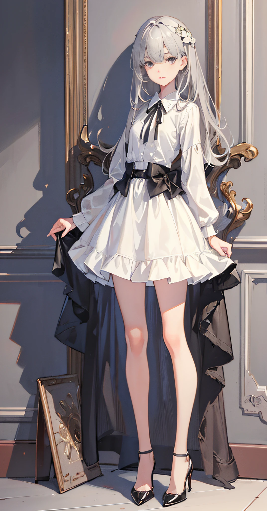 Original, (illustration: 1.1), (best quality), (masterpiece: 1.1), slender legs, high heels, gray hair, (beautiful clear background: 1.25), (very detailed CG Unity 8K wallpaper: 1.1), 1 girl, flat bangs, stunning innocent symmetrical face, shirt, emotion, urzan, (PureErosFace_V1:0.7)