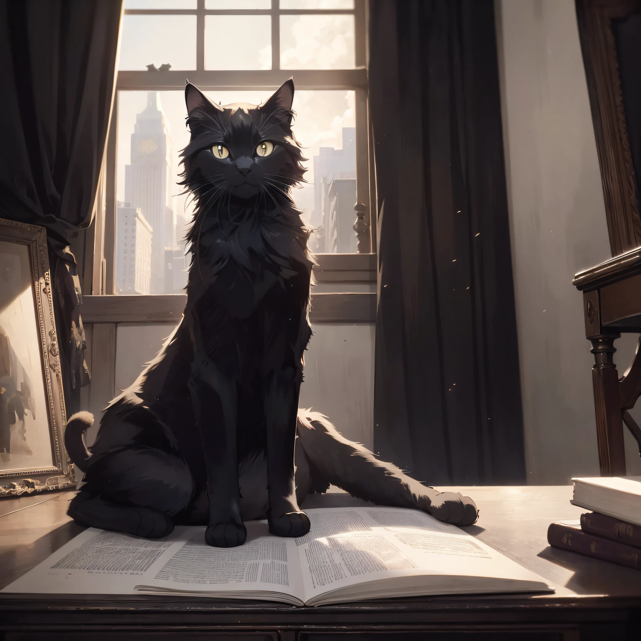 Absurd resolution, high resolution, (masterpiece: 1.4), hyper-detail, black cat, eerie dark study, curtains