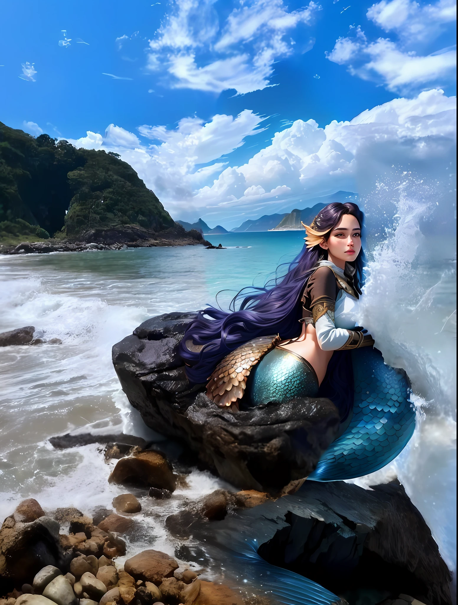beautiful face,female, brown eyes,full shot body, (Mermaid), Fishtail, Colored Scales,nature magic, medieval era,(extremely detailed CG unity 8k wallpaper), perched on a stone, with the sea and the tattered sailboat behind her, the sea filled with fire, moonlight, high detail, masterpieces, (HDR)(film lighting)(sharp focus), masterpiece, best quality (realistic:1.2),(extremely detailed CG unity 8k wallpaper), (best quality)