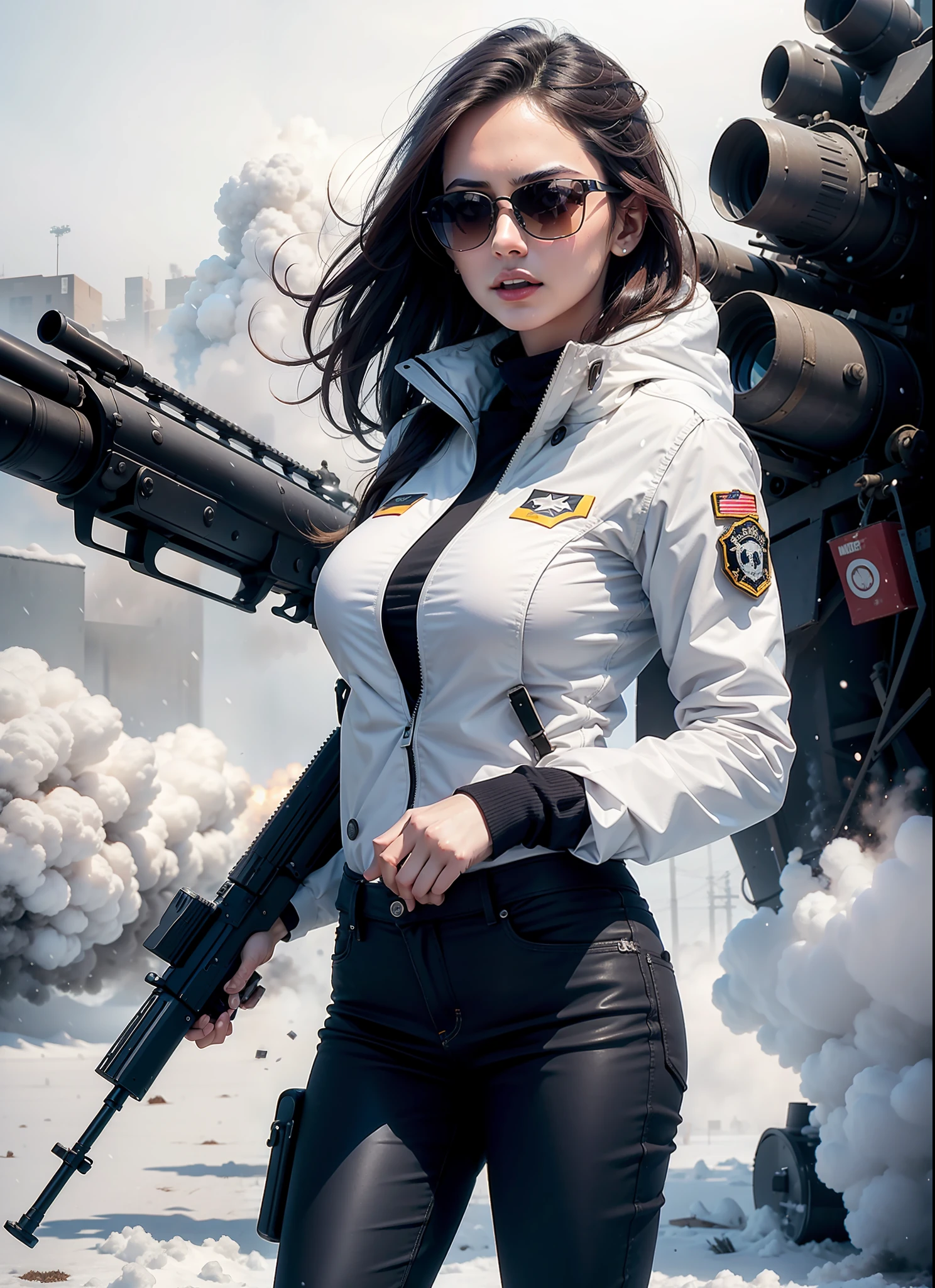 Medium breasted woman, sunglasses, full body, in snow, with big gun, explosions behind, movie poster