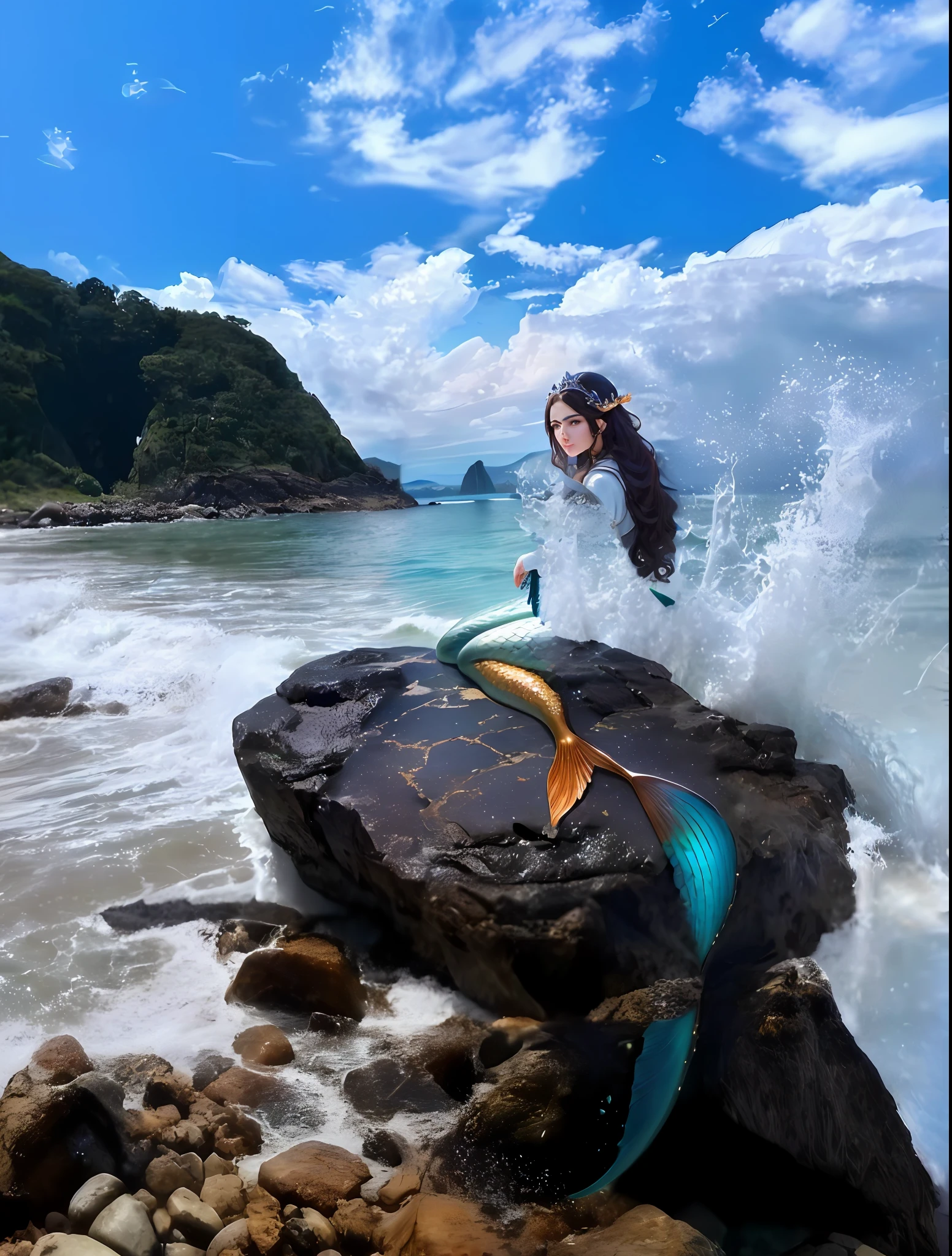 beautiful face, woman, brown eyes, full-length body, (Mermaid), fishtail, colored scales, nature magic, medieval era, (extremely detailed CG unity 8k wallpaper), sitting on a rock, with the sea and a ragged sailboat behind it, a sea filled with fire, moonlight, high detail, masterpieces, (HDR) (film lighting) (sharp focus), masterpiece, best quality (realism: 1.2), (extremely detailed CG unity 8k wallpaper), (best quality)
