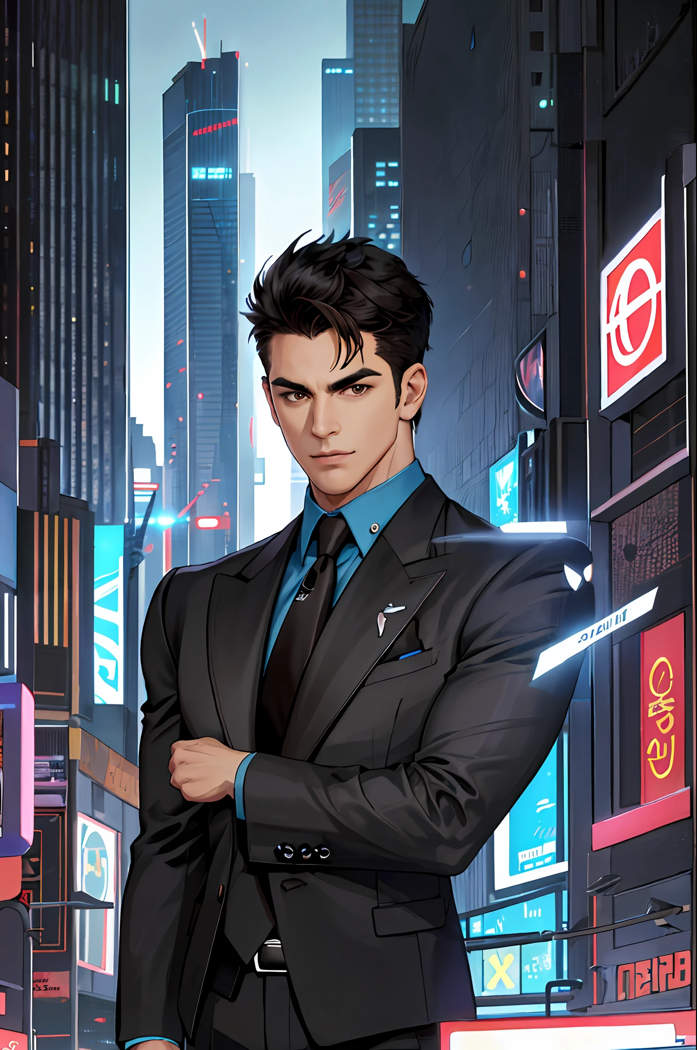 (ridiculous, high resolution, super detailed, realistic,), 1 male, soloist, handsome, cool, handsome, extremely short hair, black hair, brown eyes, angular chin, thick neck, thick eyebrows, night, dark, night city background, formal wear, tie, bust, cyberpunk,
