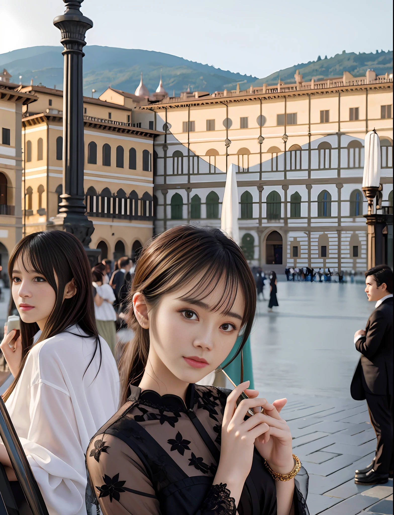 Model shooting style, (extremely detailed CG Unity 8k wallpaper), full-shot body photo of the most beautiful artwork in the world, stunning beautiful photo realistic available, super realistic super detailed photo, a beautiful girl as a female dancer on the streets of Florence, navel, complex dress, banquet, crowd, [slight smile], (Palazzo Vecchio and Piazza della Signoria background), (princess eyes, shining pupils), detailed symmetrical beautiful hazel eyes, detailed gorgeous face, highly detailed, Vibrant, professional majestic oil painting by Ed Blinkey, Atey Ghailan, Studio Ghibli, Jeremy Mann, Greg Manchess, Antonio Moro, ArtStation Trends, CGSociety Trends, Complex, High Detail, Sharp Focus, Dramatic, Realistic Painting Art, by Midjourney and Greg Written by Rutkowski