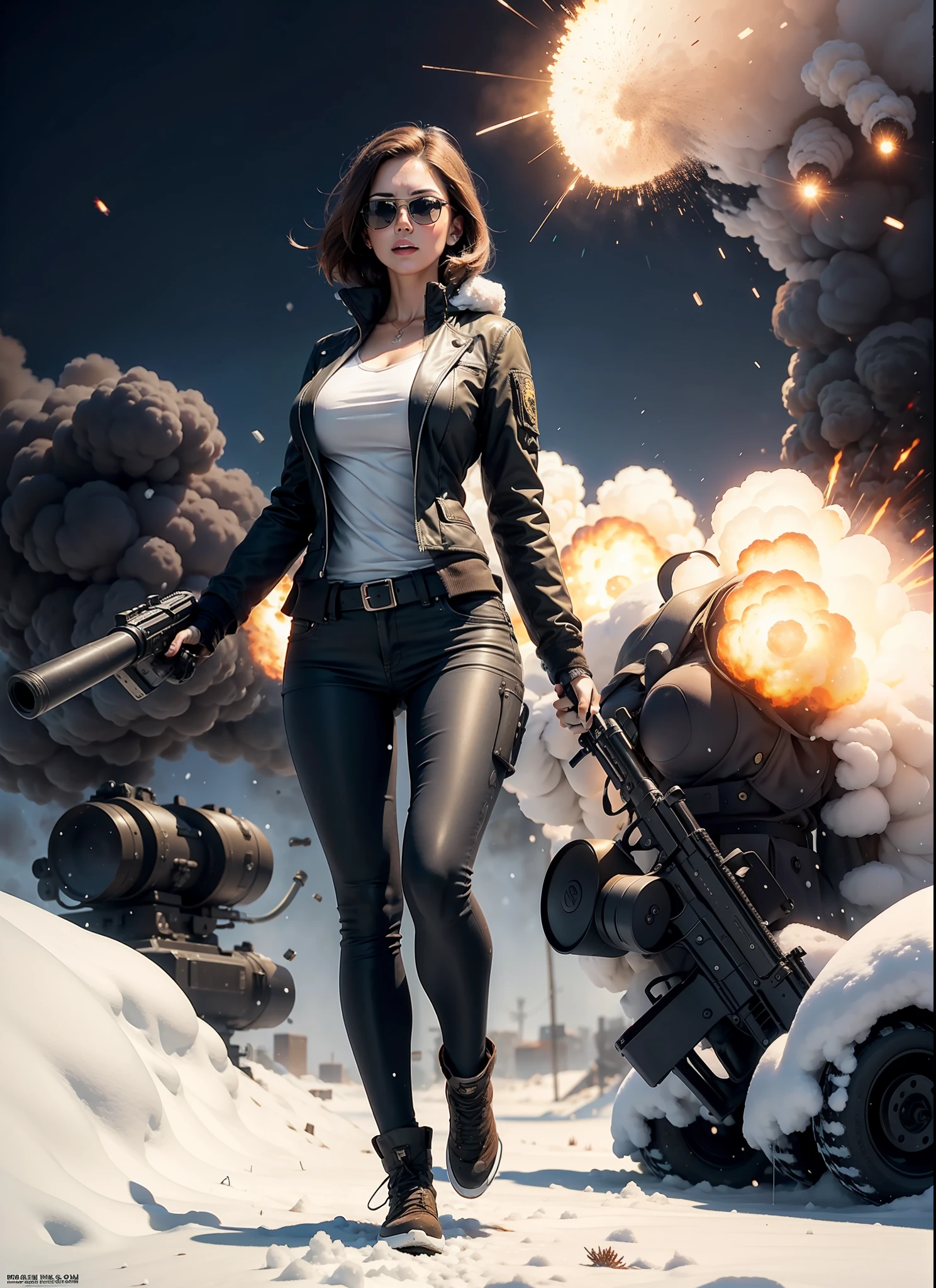 Medium breasted woman, sunglasses, full body, in snow, with big gun, explosions behind, movie poster