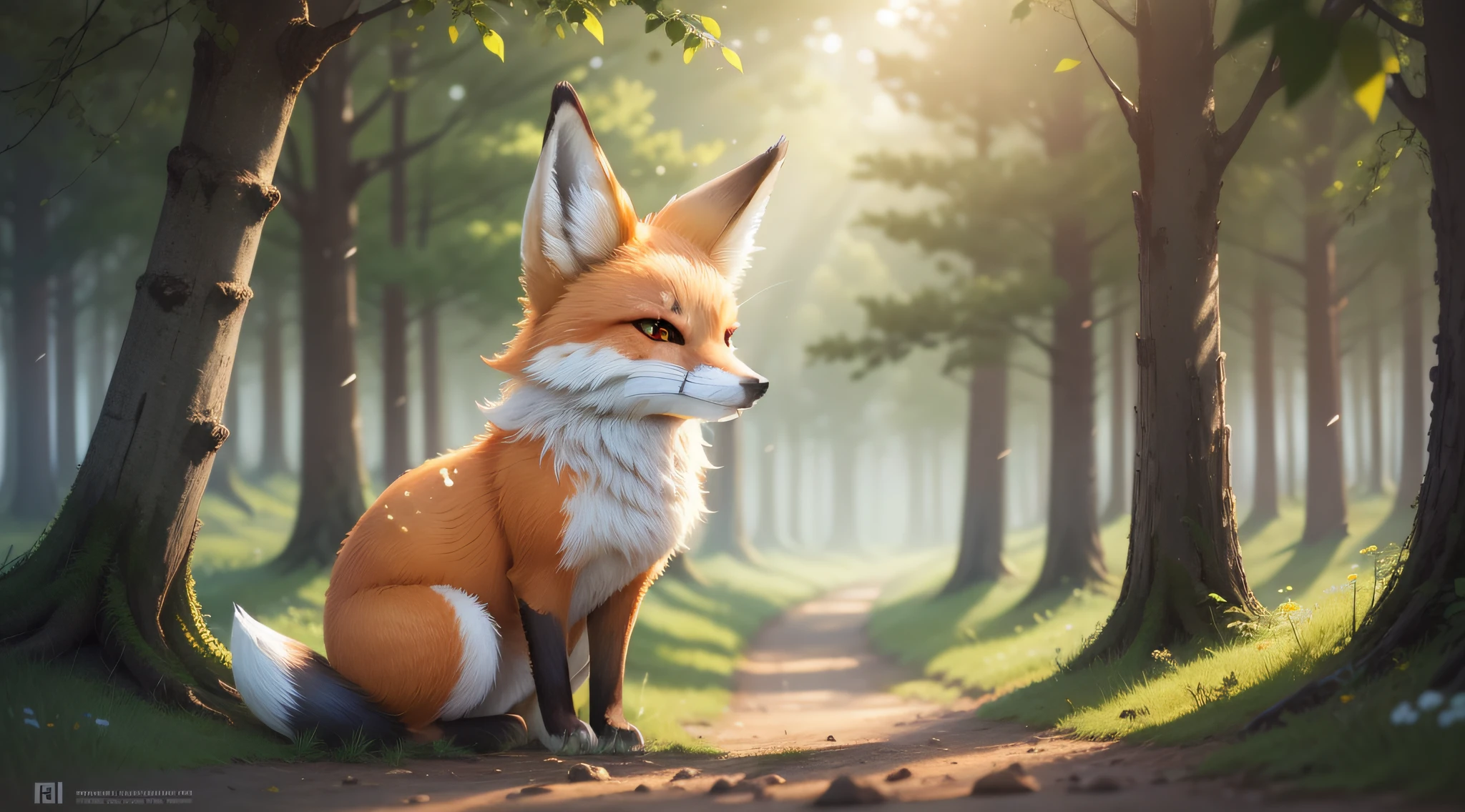 fox, fox, fox size 30%, in the sun, reality, lonely, (pale, dim) color, beautiful sunny lighting, very pale yellow white bright sky among the trees, meadow, shining white