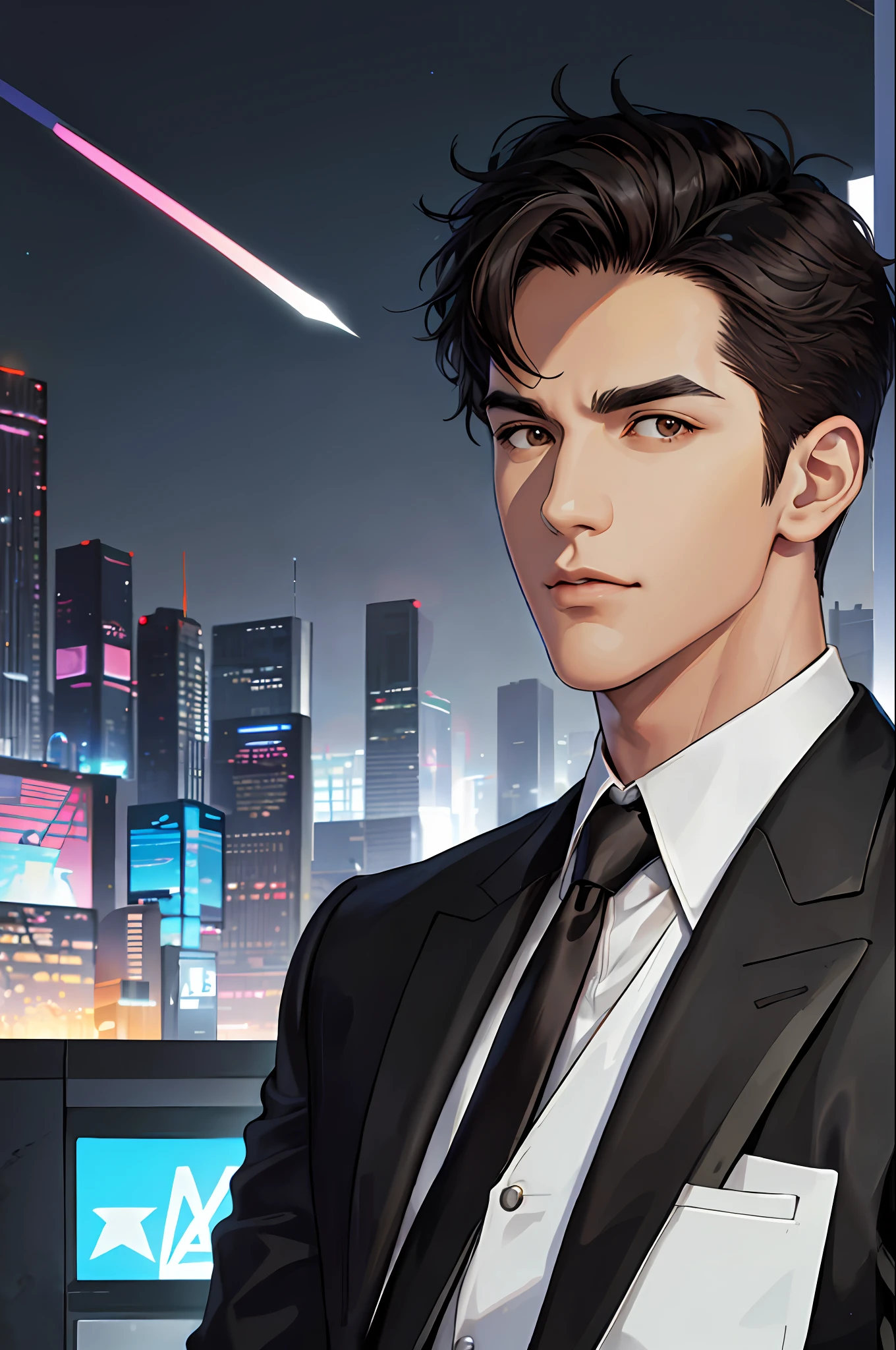 (ridiculous, high resolution, super detailed, realistic,), 1 male, soloist, handsome, cool, handsome, extremely short hair, black hair, brown eyes, angular chin, thick neck, thick eyebrows, night, dark, night city background, formal wear, tie, bust, cyberpunk,