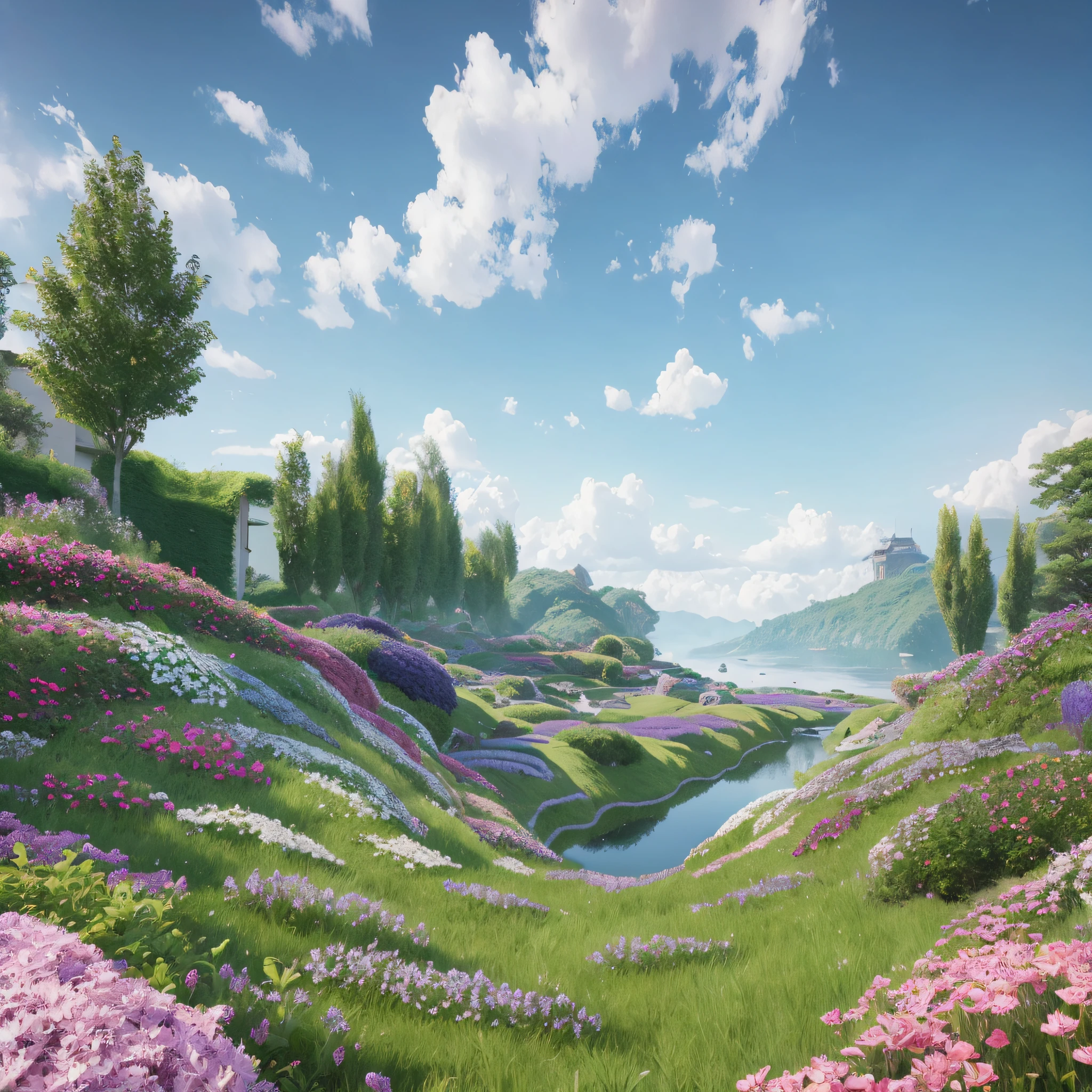 vanishing point, floating garden with all kinds of flowers, game CG, kingdom of light background, flyover, game rendering, fantasy 3D rendering, vertigo fantasy 3D rendering, 3D game art, 3D game art, gorgeous border + concept art, high detail official artwork --auto --s2