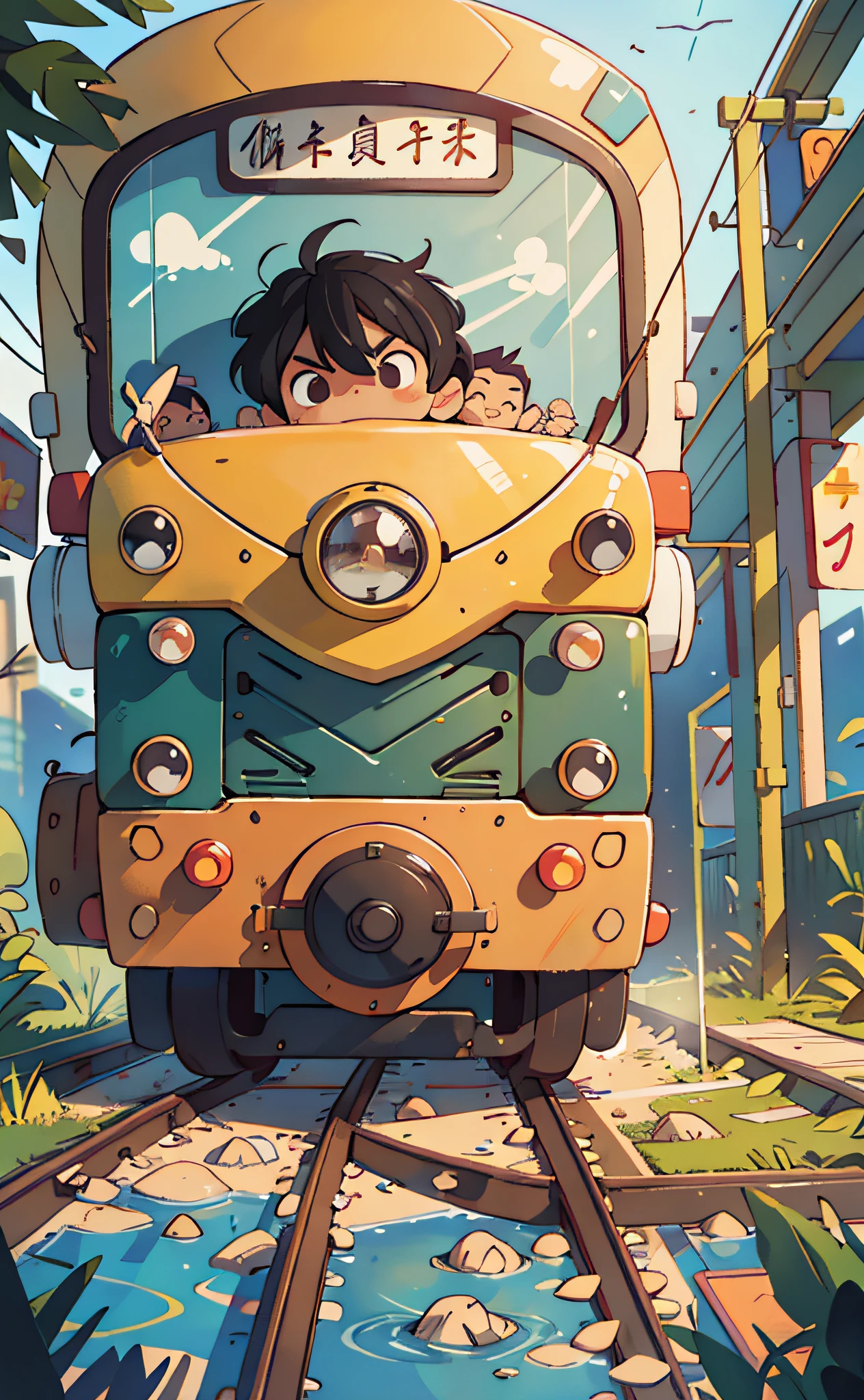 raw, 8k, masterpiece, simple background, best quality, super detailed, illustration, 1 little boy, driving a train, black eyes, black hair, cyan and yellow uniform, round face, Chinese, train, full body