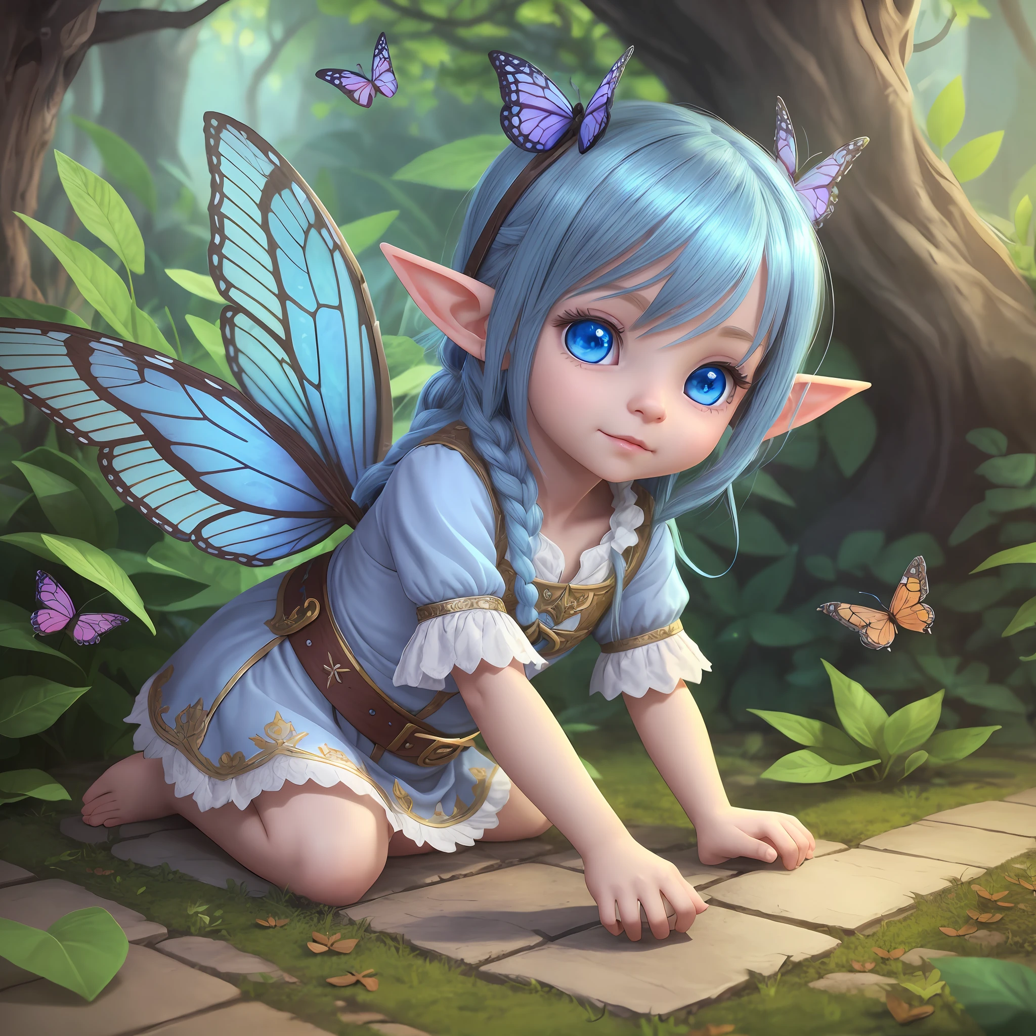 A scene in medium long shot of adorable Lilly , elf girl 6 year's withand sweet blue eyes, adorable digital painting, portrait of very beautiful elf, cute detailed digital art, blue elf, cute face. dark fantasy, elf with blue skin, little elf girl, cute digital art, detailed big eyes, cute 3 d render, blue shining eyes, lalafell, detailed fantasy digital art, with a sly look and a very mischievous expression, waking up in her leaf-shaped bed, with colorful butterflies fluttering around her house in the heart of a large and majestic tree. --auto --s2