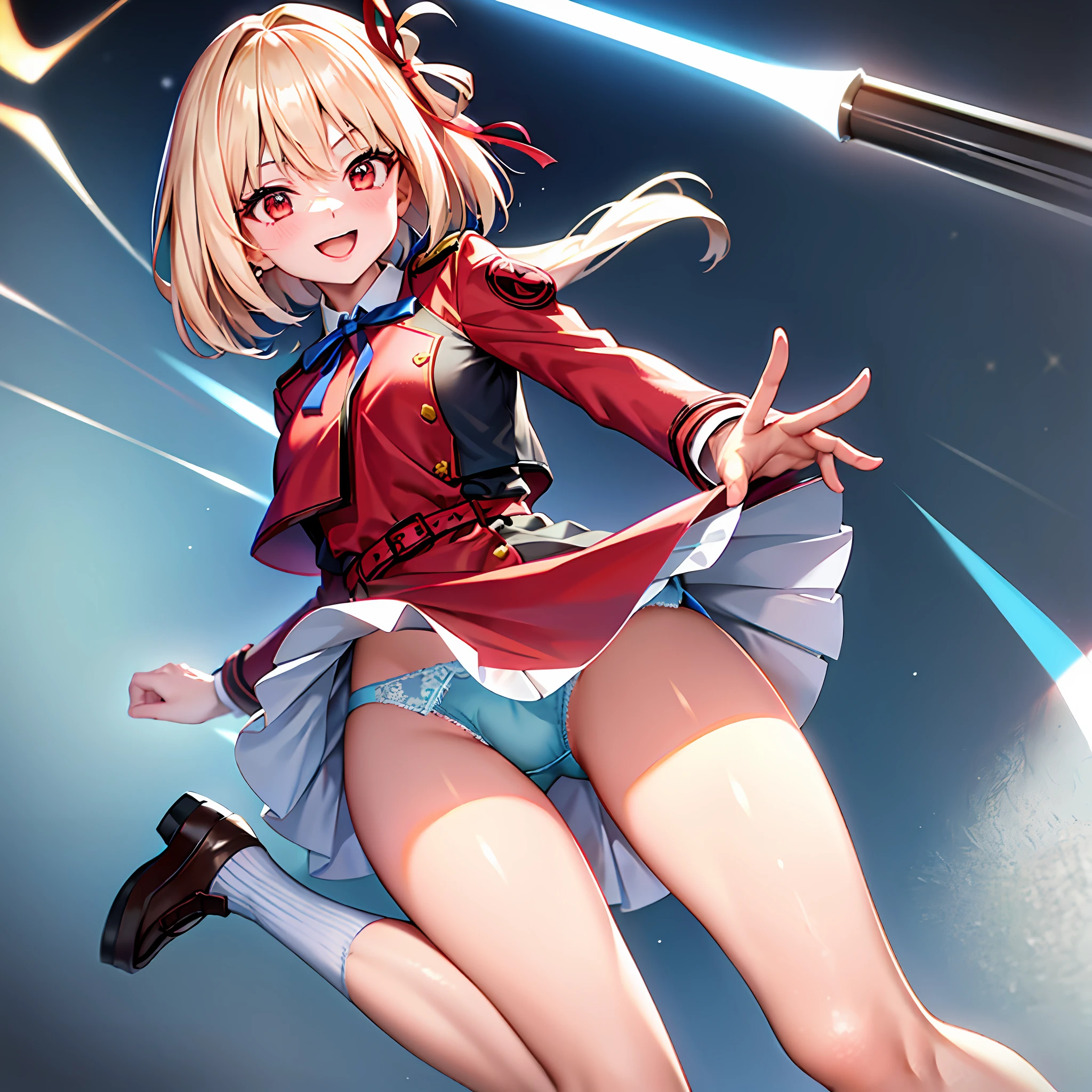 Senri, Red Ribbon, Lycoris Uniform, Two-Tone Dress, Gradeless, Pleated Dress, Belt, Red Belt, Neck Ribbon, Blue Ribbon, Long Sleeve, Smile, POV, Effect, Licorice Uniform, Two-Tone Dress, Gradeless, Pleated Dress, Belt, Red Belt, Neck Ribbon, Blue Ribbon, Long Sleeve, Attention to Girl,Attention to Figure,In the Middle,(( Panty Shot)),(((Light blue panties))),lace panties,soft texture,soft painting,jump,pull skirt