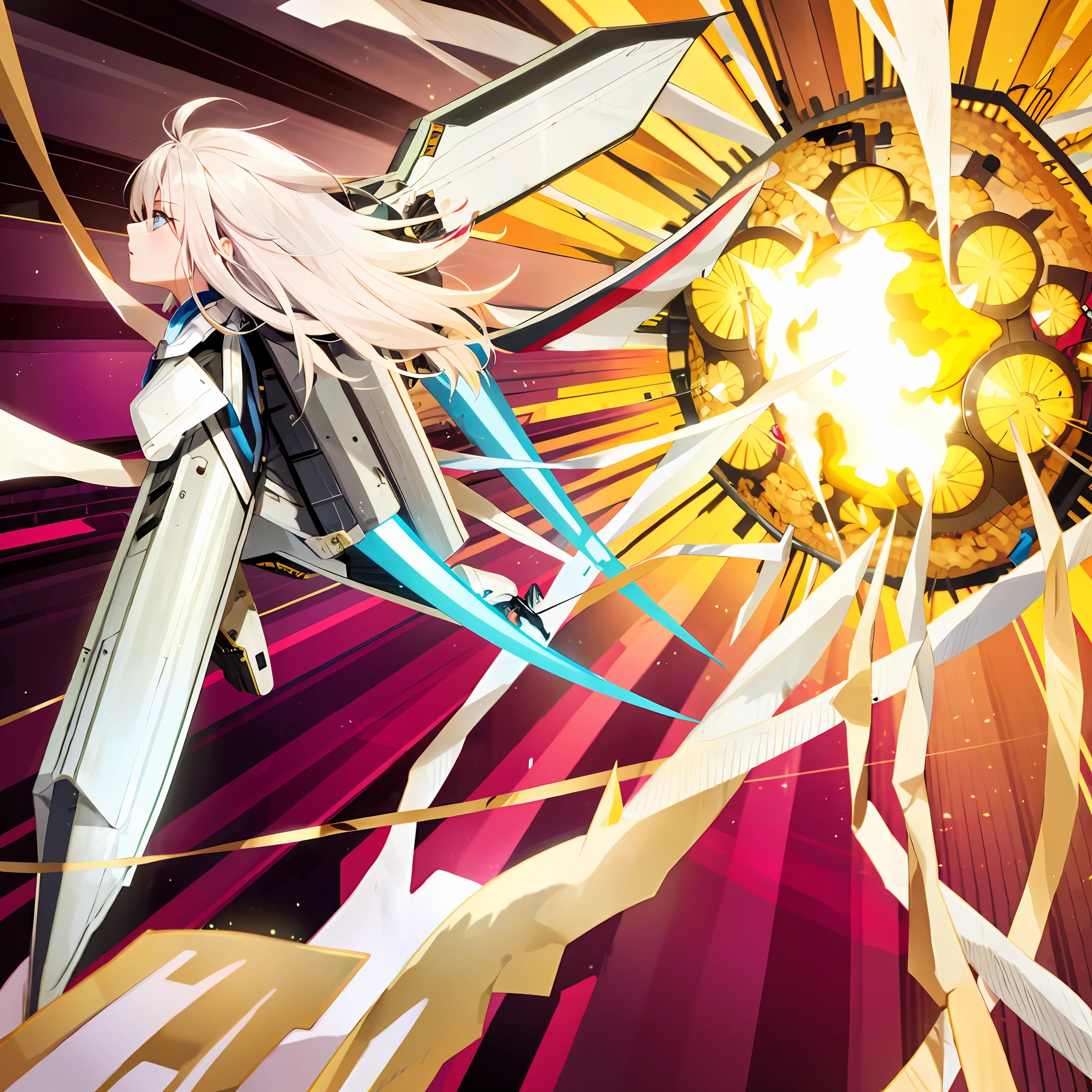 Maiden, silver-haired, flying, mech, explosion, long legs
