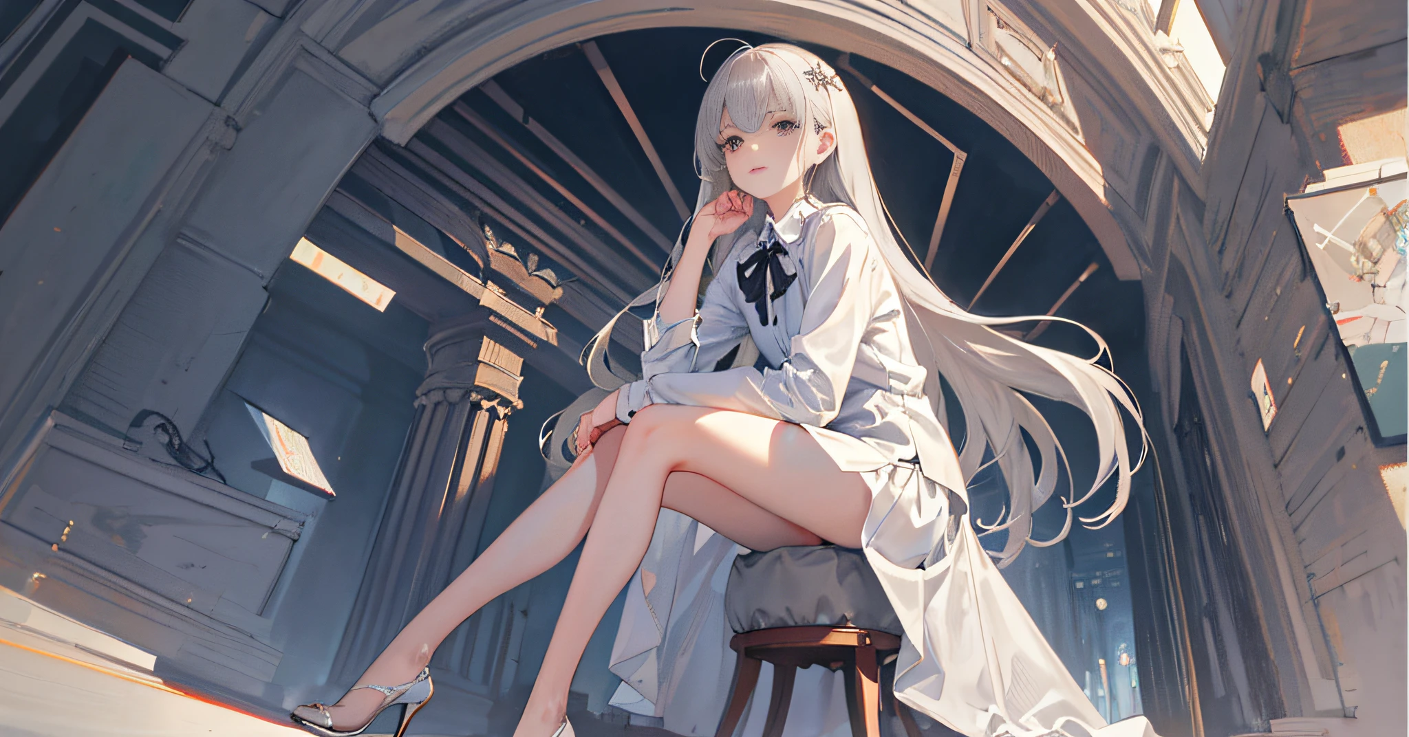 Original, (illustration: 1.1), (best quality), (masterpiece: 1.1), slender legs, high heels, gray hair, (beautiful clear background: 1.25), (very detailed CG Unity 8K wallpaper: 1.1), 1 girl, flat bangs, stunning innocent symmetrical face, shirt, emotion, urzan, (PureErosFace_V1:0.7)