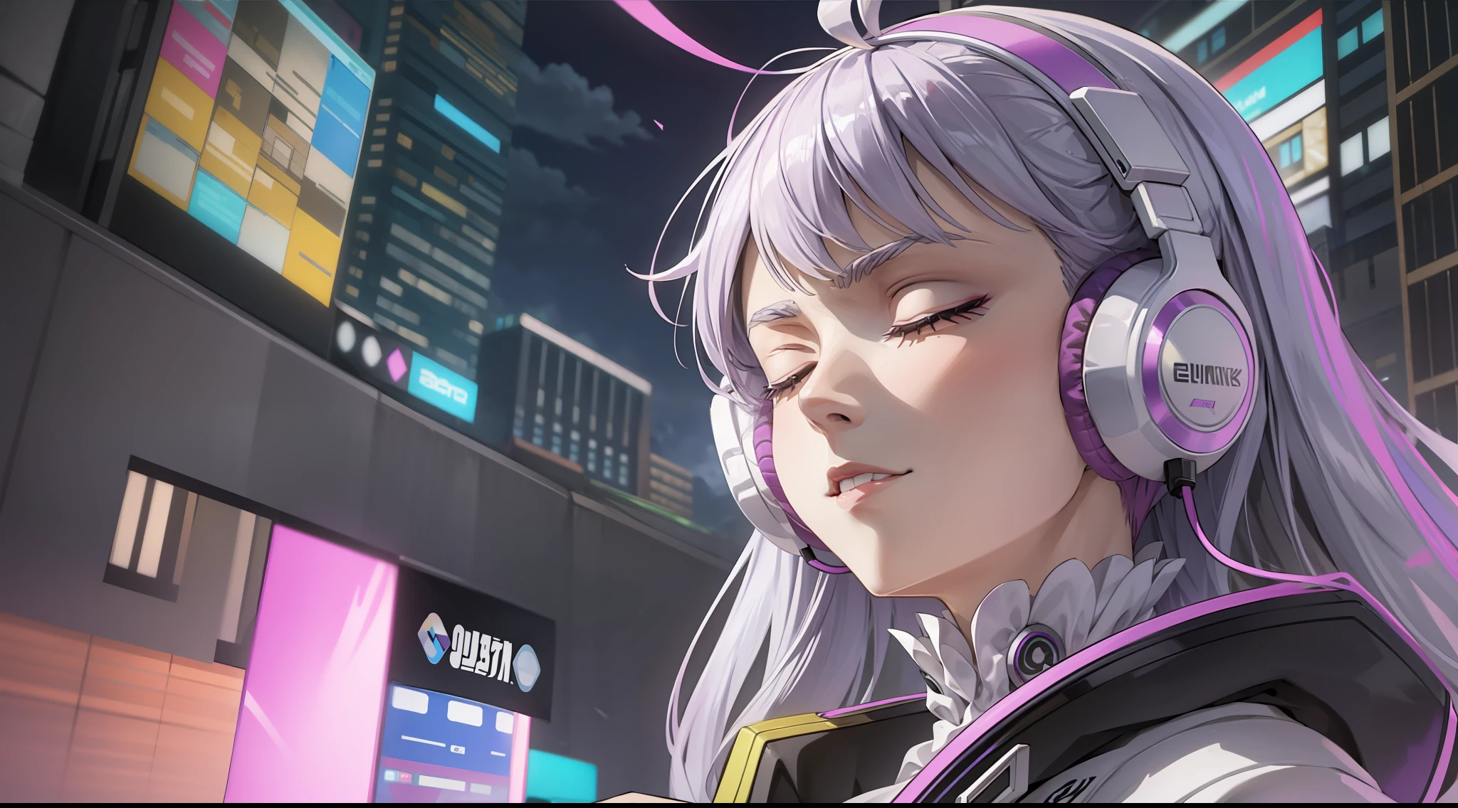 Woman with peace sense headset, closed eyes, beautiful face, RGB colors, bright purple hair, anime, banner for youtube video, happy girl, clouds with RGB colors, bright RGB colors.