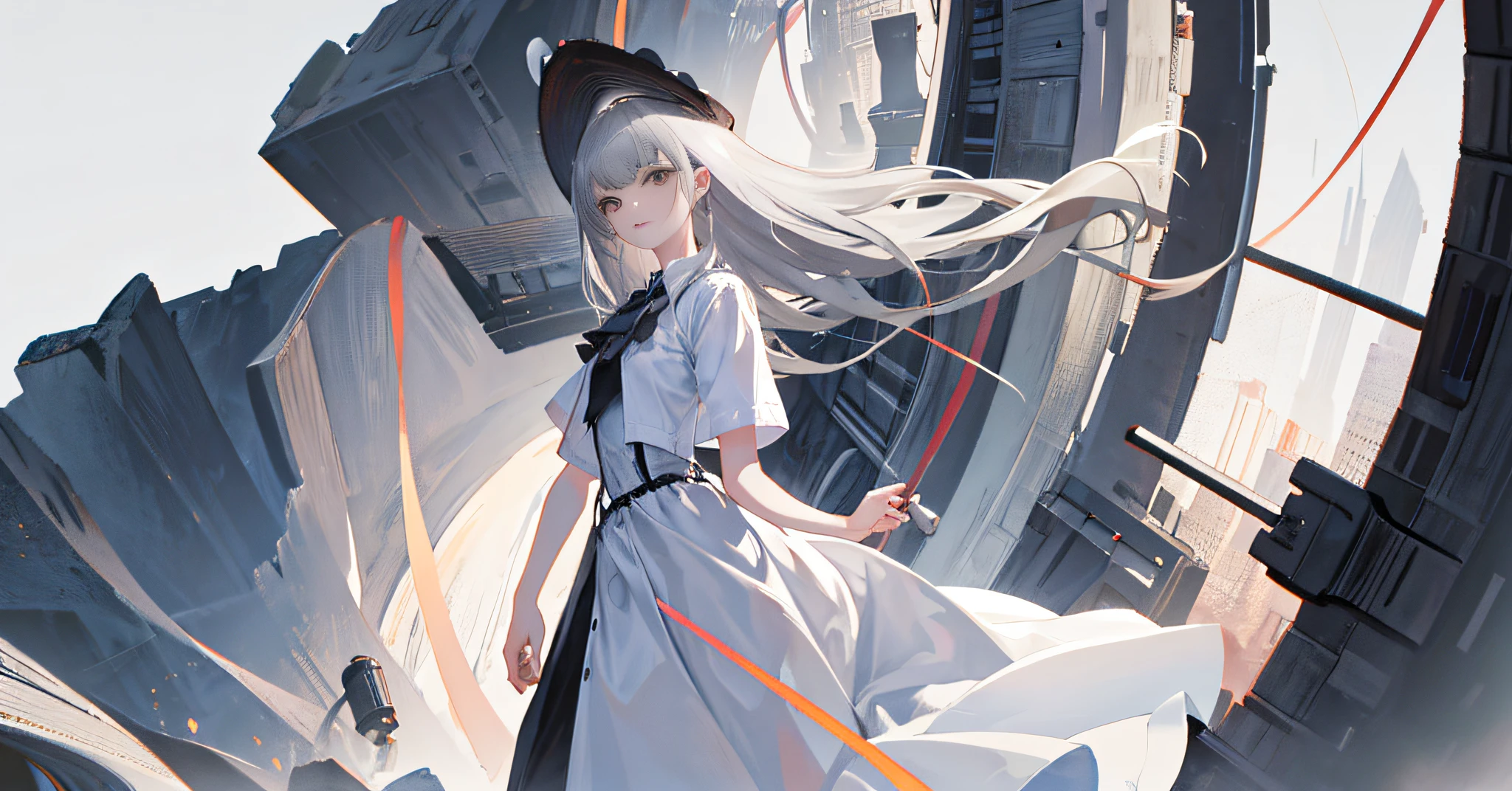 Original, (illustration: 1.1), (best quality), (masterpiece: 1.1), slender legs, high heels, gray hair, (beautiful clear background: 1.25), vista, panorama, ultra wide angle, (very detailed CG Unity 8K wallpaper: 1.1), 1 girl, flat bangs, stunning innocent symmetrical face, shirt, emotion, urzan, (PureErosFace_V1:0.7)