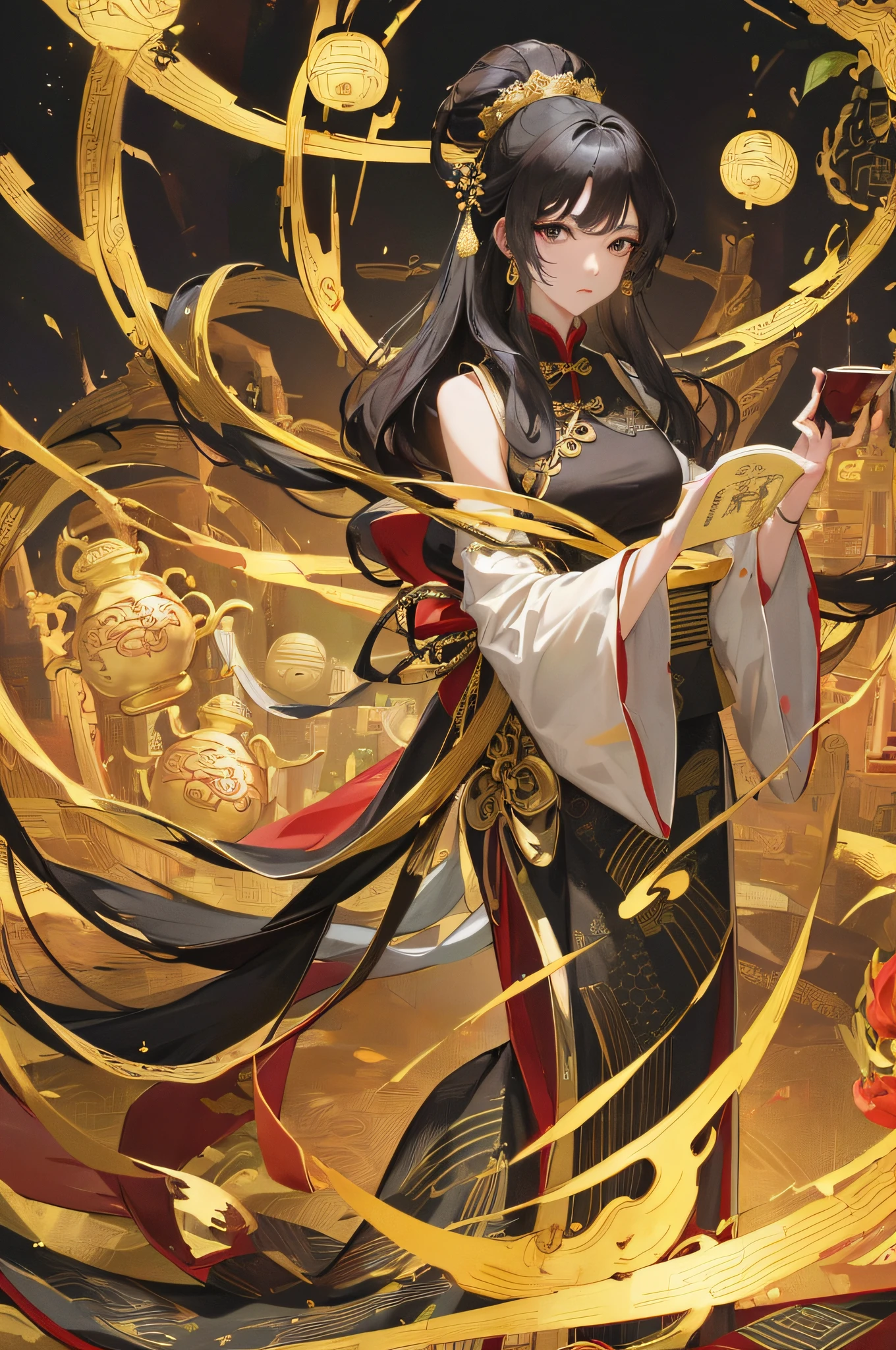 Masterpiece, Superb Style, Night, Full Moon, 1 person, mature woman, Chinese style, ancient China, black hair, black eyes, split ends, long hair, long bangs, beautiful, calm, black and gold blend, gold pattern, dragon pattern, princess, palace, standing, medium view