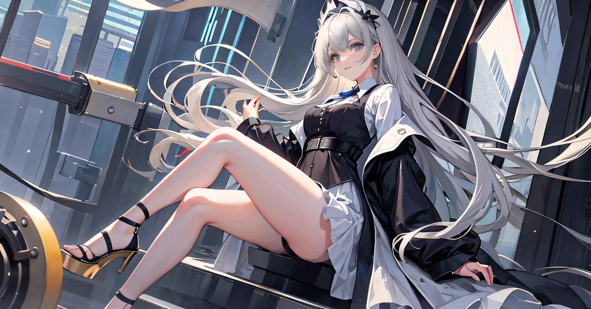 Original, (illustration: 1.1), (best quality), (masterpiece: 1.1), slender legs, high heels, gray hair, (beautiful clear background: 1.25), vista, panorama, ultra wide angle, (very detailed CG Unity 8K wallpaper: 1.1), 1 girl, flat bangs, stunning innocent symmetrical face, shirt, emotion, urzan, (PureErosFace_V1:0.7)