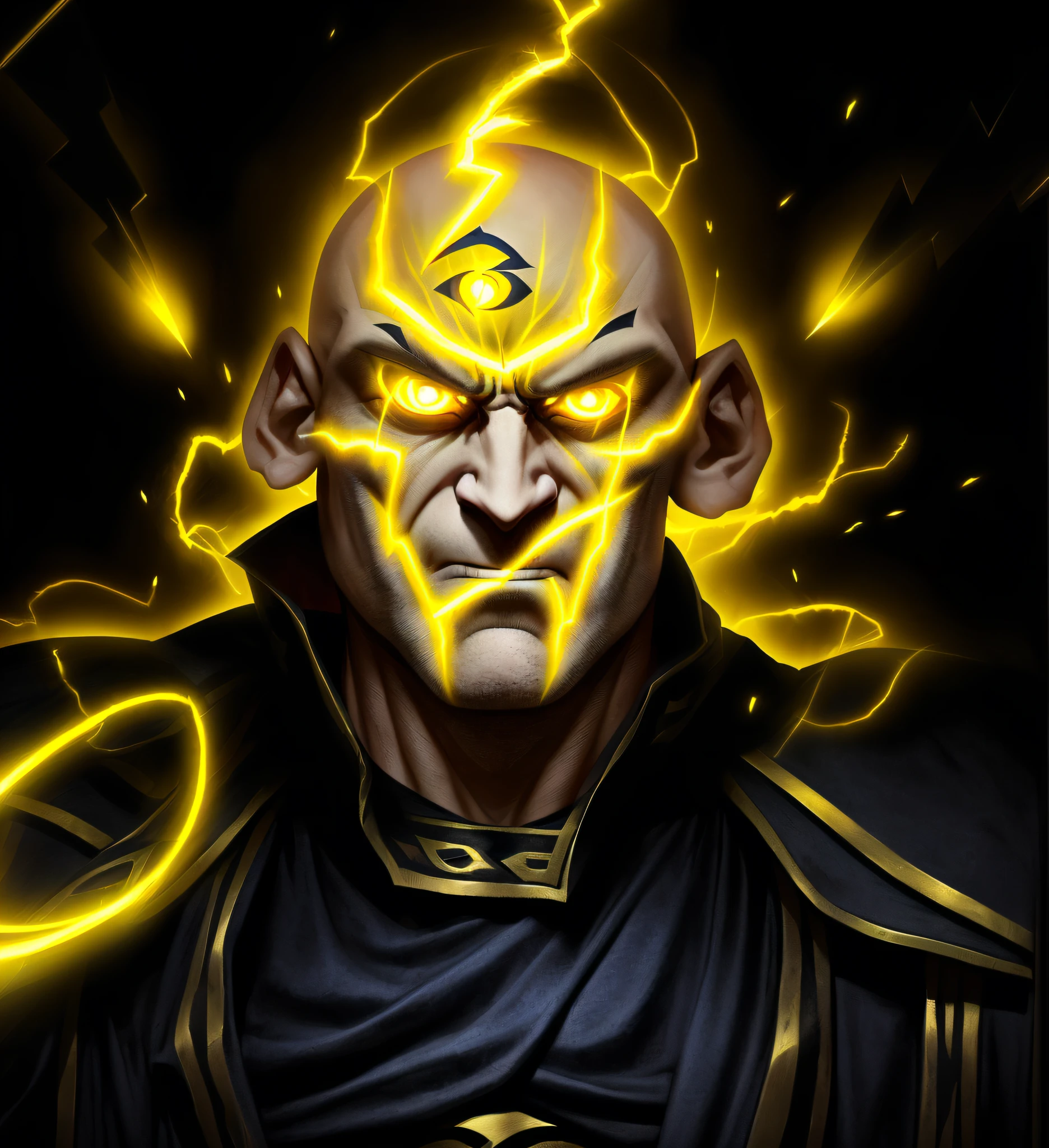 cartoon of a bald man with yellow eyes and a lightning bolt, third eye middle of forehead, bald head and menacing look, third eye in middle of forehead, evil male sorcerer, middle aged balding superhero, evil expression, third eyes middle of foreheads, an angry expression, an angry muscular army general, evil wizard, male djinn man demon hybrid