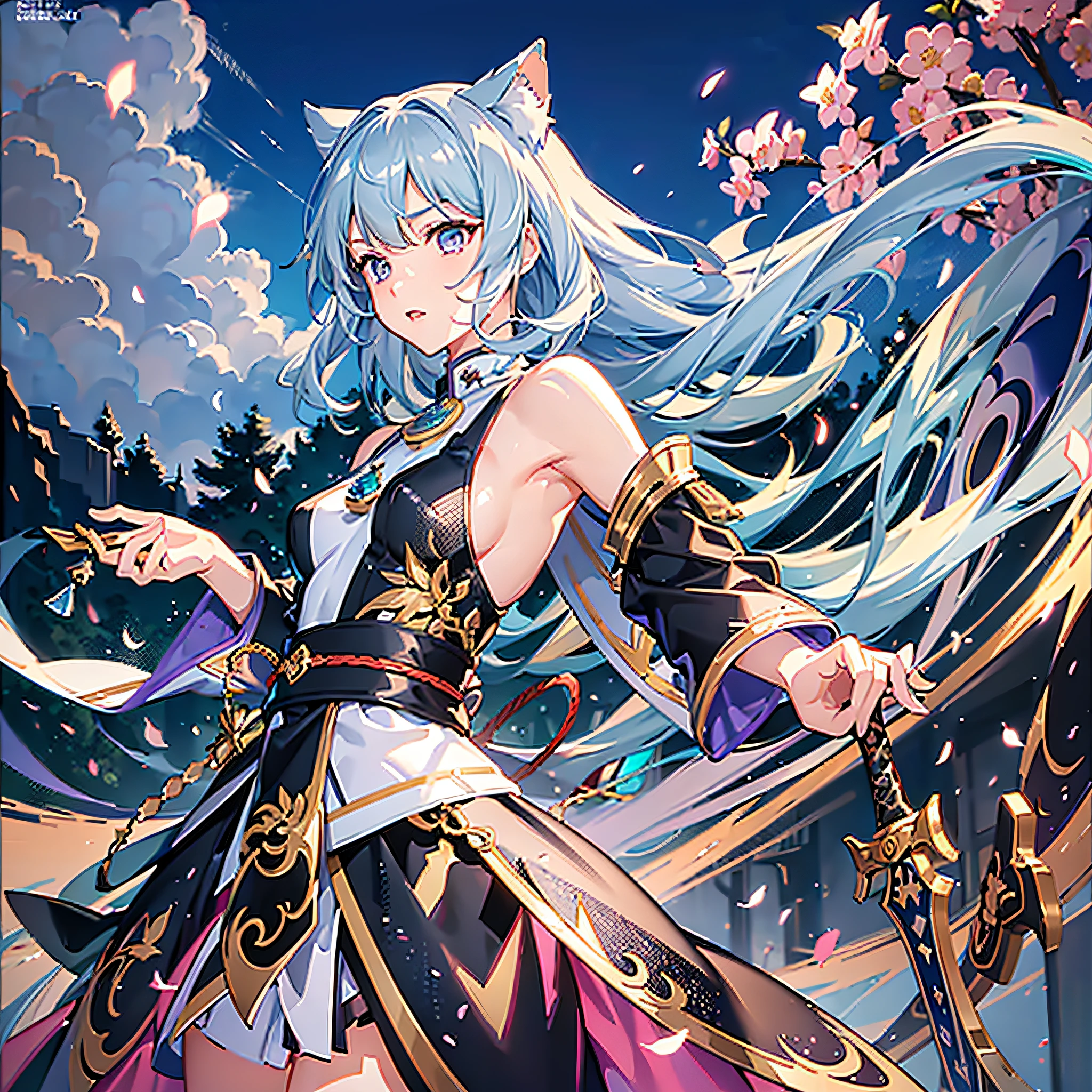 expansive landscape photograph , realism BREAK (masterpiece:1.2), (best quality), 4k, ultra-detailed, (dynamic composition:1.4), highly detailed, colorful details,( iridescent colors:1.2), (glowing lighting, atmospheric lighting), dreamy, magical, (solo:1.2)1girl, light blue hair, purple eyes, dual wielding, sword, holding sword, glow, glowing weapon ,miko , war , high quality, miko style , red and white cloth , cat girl , war theme  , long skirt , long sword , Wallpaper ,highres, masterpiece,best quality, 4k, extremely detailed, solo, kimisato Ayaka \(genshin impact\), full body, anime , background sakura , epic (photorealistic),glowing eyes, shiny hair, lustrous skin, solo, embarassed, (midriff),(photorealistic:1.4), (masterpiece, sidelighting, finely detailed beautiful eyes: 1.2 , A wide landscape photo, (viewed from below, the sky is above, and the open field is below , (Dynamic Composition: 1.4), Rich in Detail and Color, (Rainbow Color: 1.2), (Glow, Atmospheric Lighting), Dreamy, Magical, (Solo: 1.2) ,