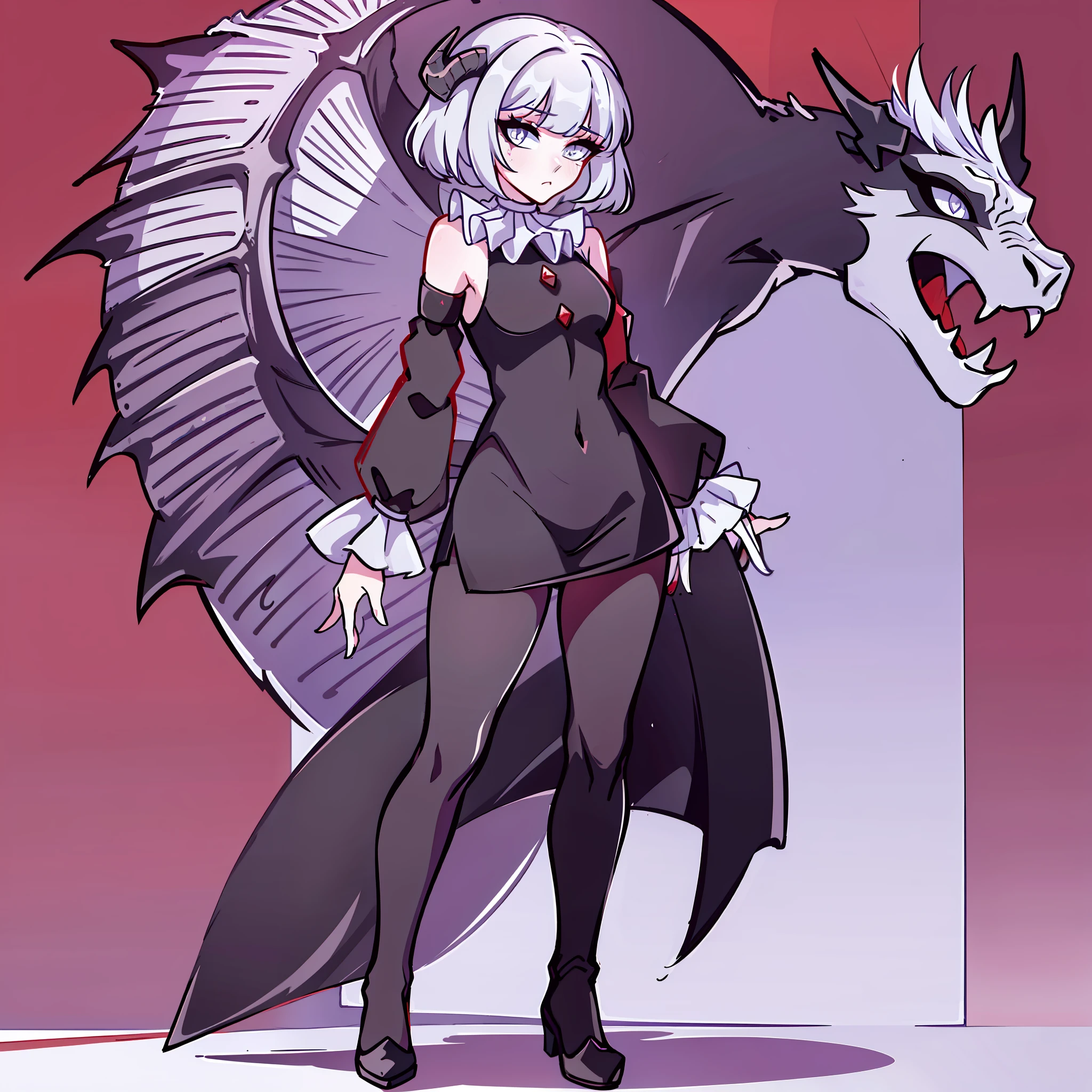 (Best quality: 1.0), (Super High Resolution: 1.0), extremely detailed character, detailed hands, half-dragon girl, horns, scales on the neck, scales on the shoulders, scales on the forearm, scales on the cheek, extremely detailed black dragon tail, extremely detailed hair, short hair, ((white hair)), ((black locks)), extremely detailed eyes, eyes with heterochromia, white eye and the other black, dragon eyes, 2d, tomboy girl, anime art, teen, full body, standing, medieval