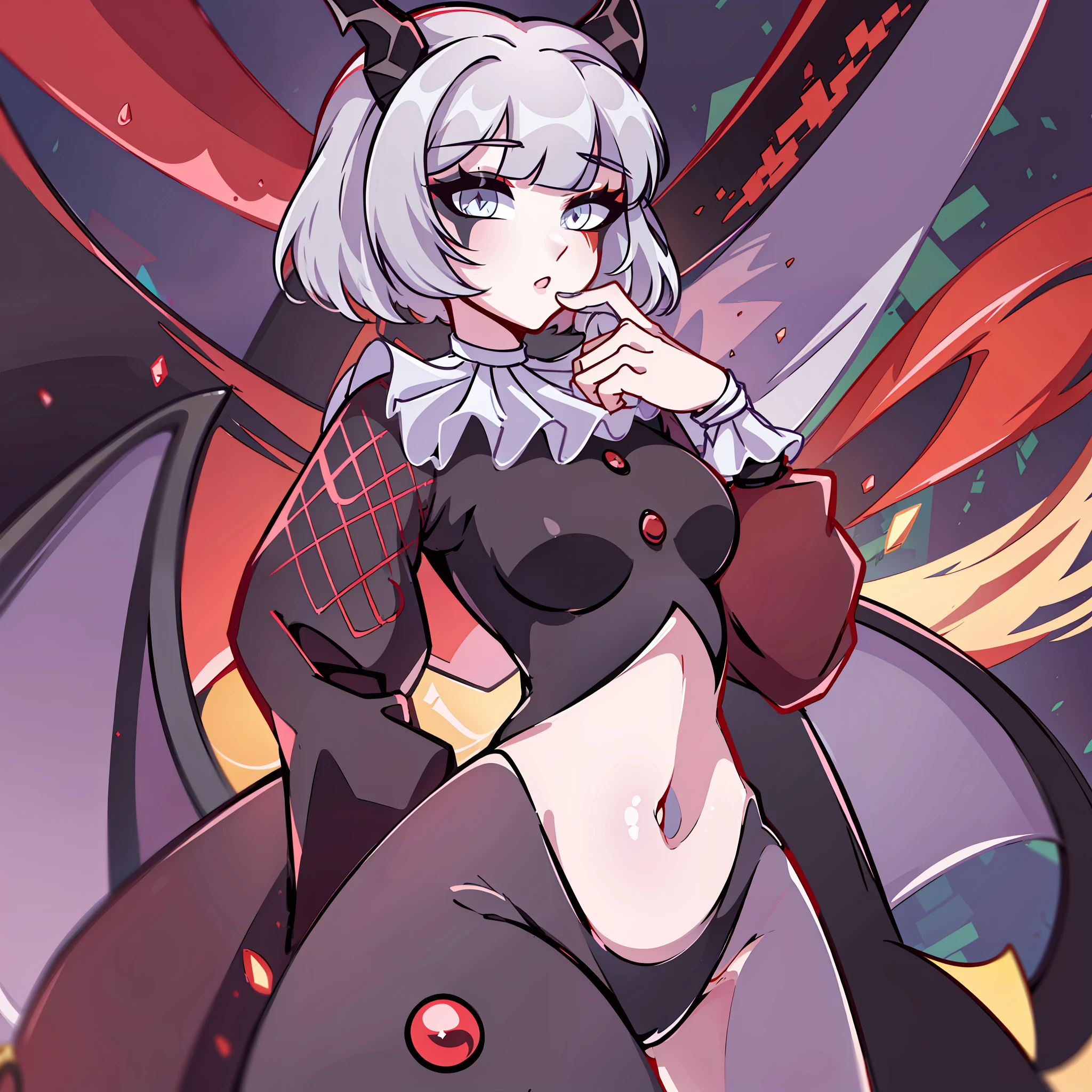 (Best quality: 1.0), (Super High Resolution: 1.0), extremely detailed character, detailed hands, half-dragon girl, horns, scales on the neck, scales on the shoulders, scales on the forearm, scales on the cheek, extremely detailed black dragon tail, extremely detailed hair, short hair, ((white hair)), ((black locks)), extremely detailed eyes, eyes with heterochromia, white eye and the other black, dragon eyes, 2d, tomboy girl, anime art, , full body, standing, medieval
