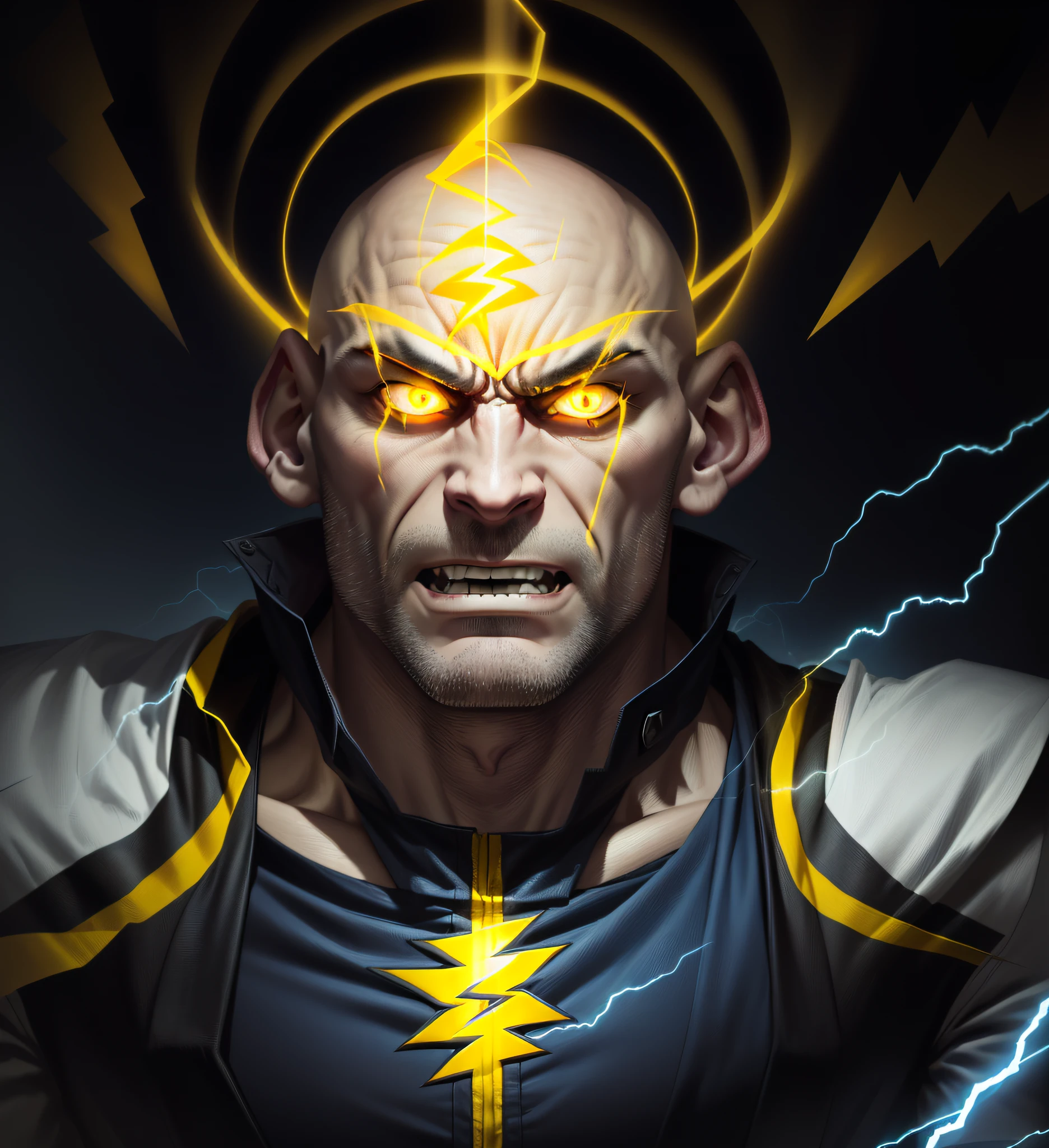 cartoon of a bald man with yellow eyes and a lightning bolt, third eye middle of forehead, bald head and menacing look, third eye in middle of forehead, evil male sorcerer, middle aged balding superhero, evil expression, third eyes middle of foreheads, an angry expression, an angry muscular army general, evil wizard, male djinn man demon hybrid