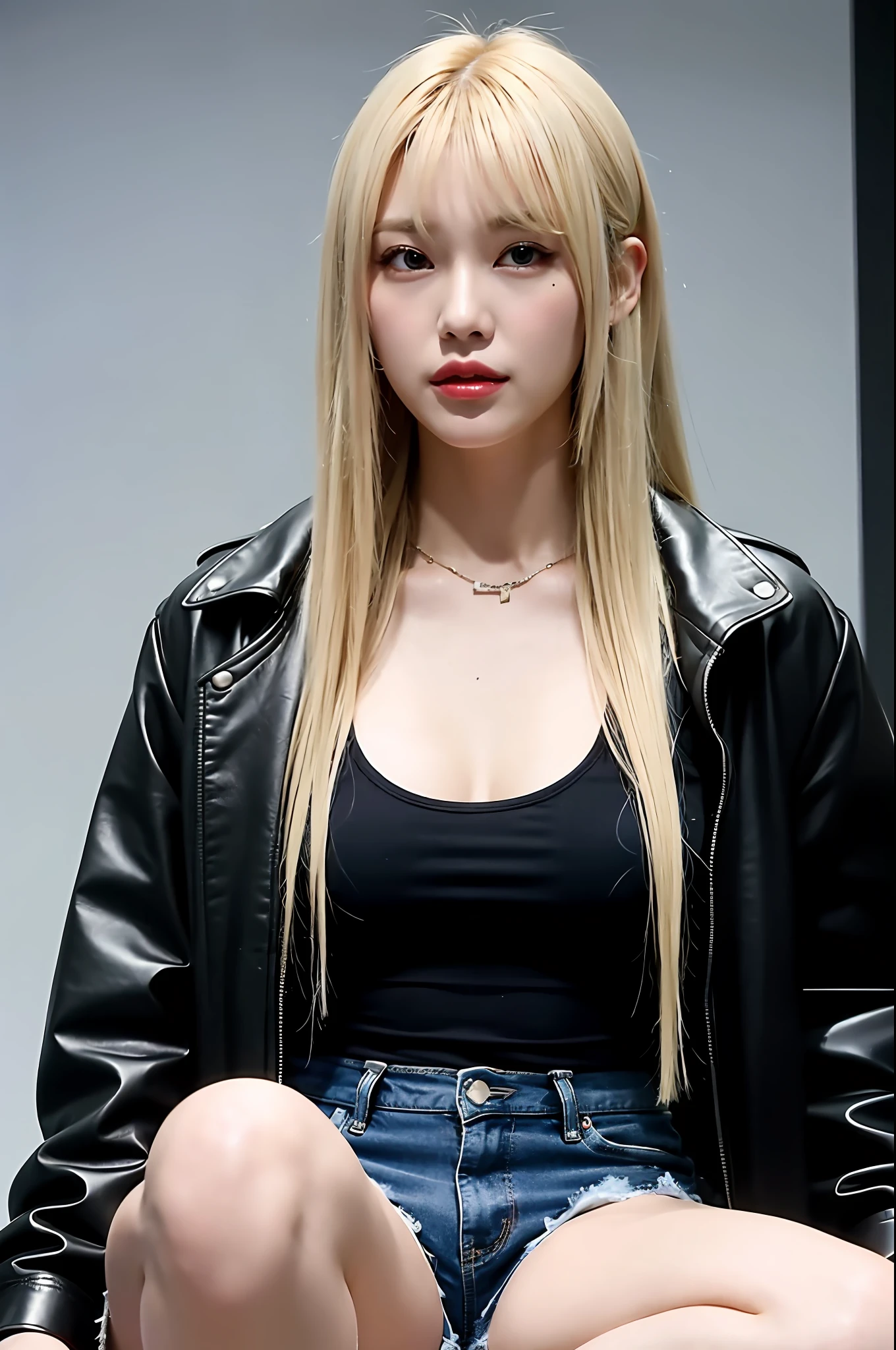 Korean woman, blonde, with bangs, K-pop idol, sexy woman, long hair, one woman, seduce, black jacket, tank top, shorts, knee-high boots