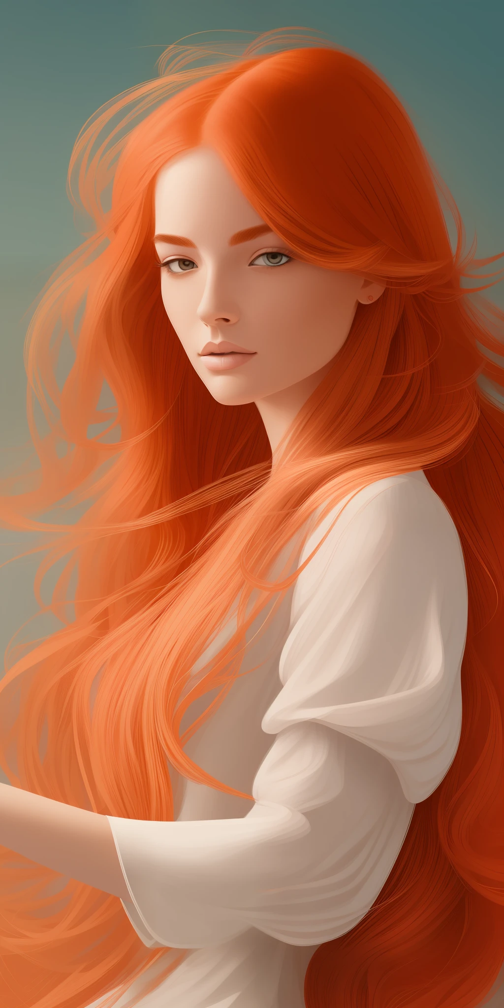 High resolution,best 8k,Painting of a woman with red hair and a white shirt, Lois Van Rossdraws, loose ginger hair, loish and wlop, wavy ginger hair, exquisite digital illustration, Moebius + loish + wlop, wlop loish style and clamp, beautiful character painting, beautiful digital illustration, Artgerm and James Jean, stunning digital illustration, flowing orange hair