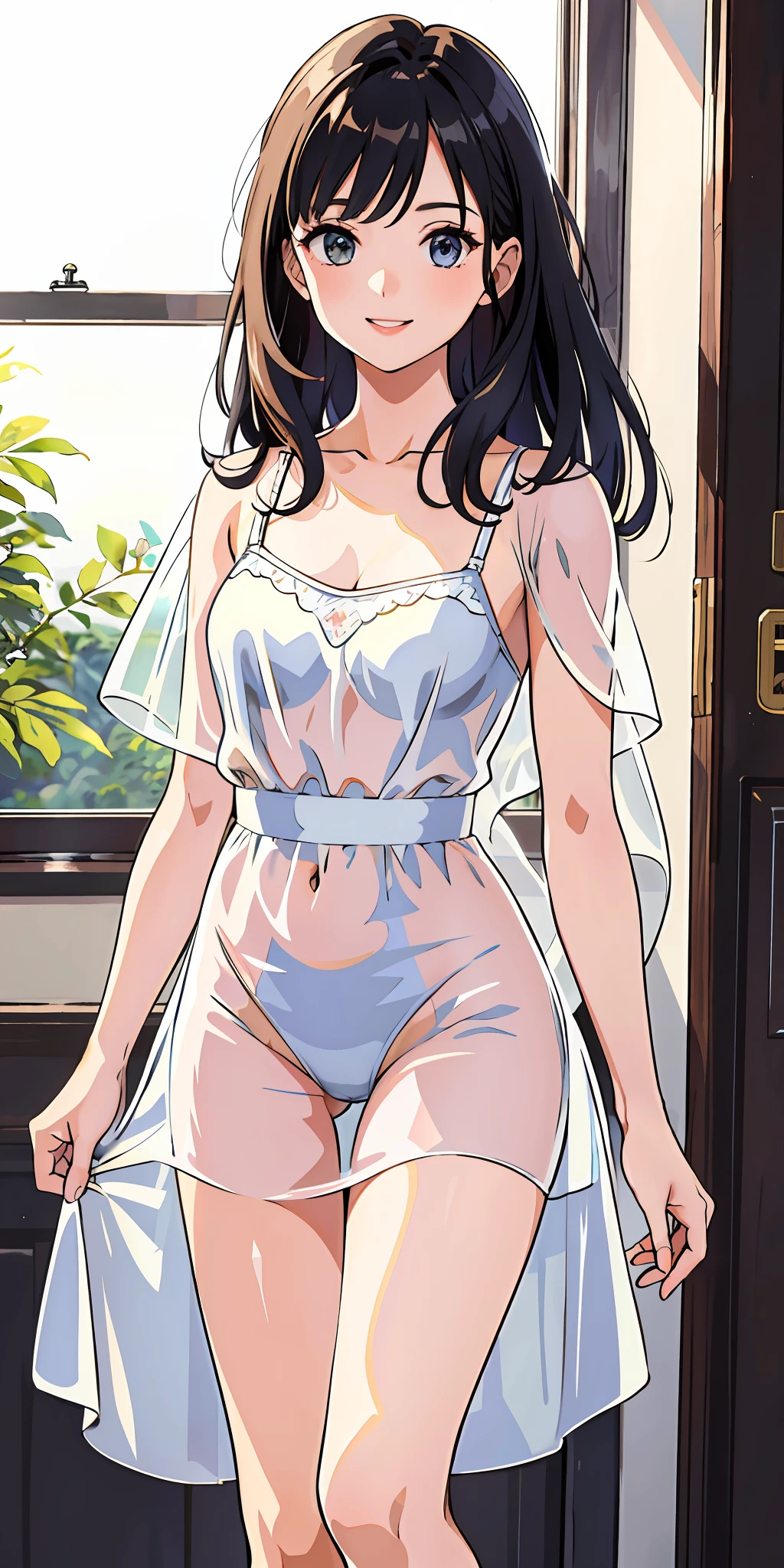 (top quality, masterpiece), 1 girl, 20 years old, stunning, cute, warm smile, naked, transparent dress, transparent underwear, realistic, no underwear
