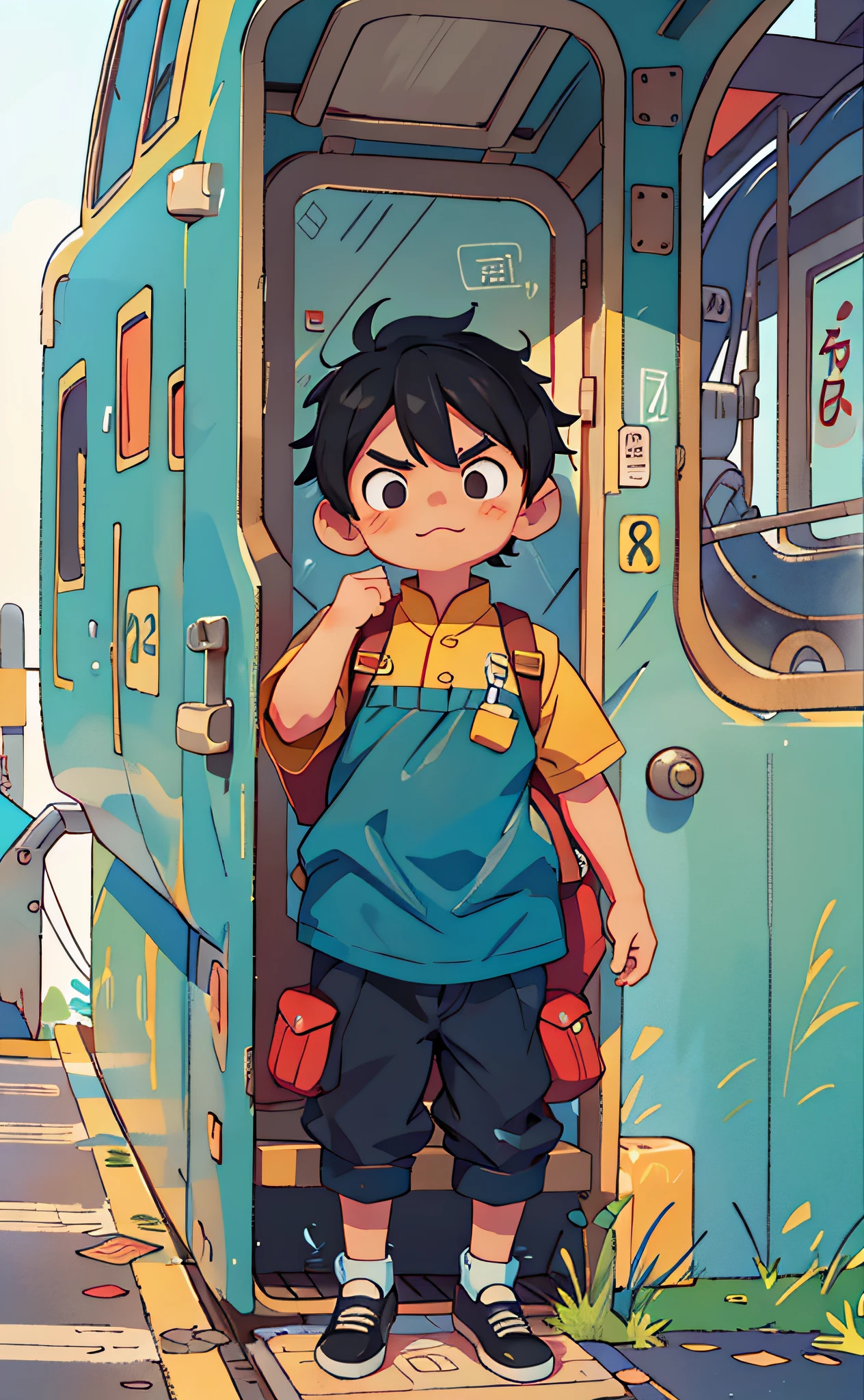 raw, 8k, masterpiece, simple background, best quality, super detailed, illustration, (1 little boy: 1.2), train driver, black eyes, black hair, cyan and yellow uniform, round face, Chinese, full body