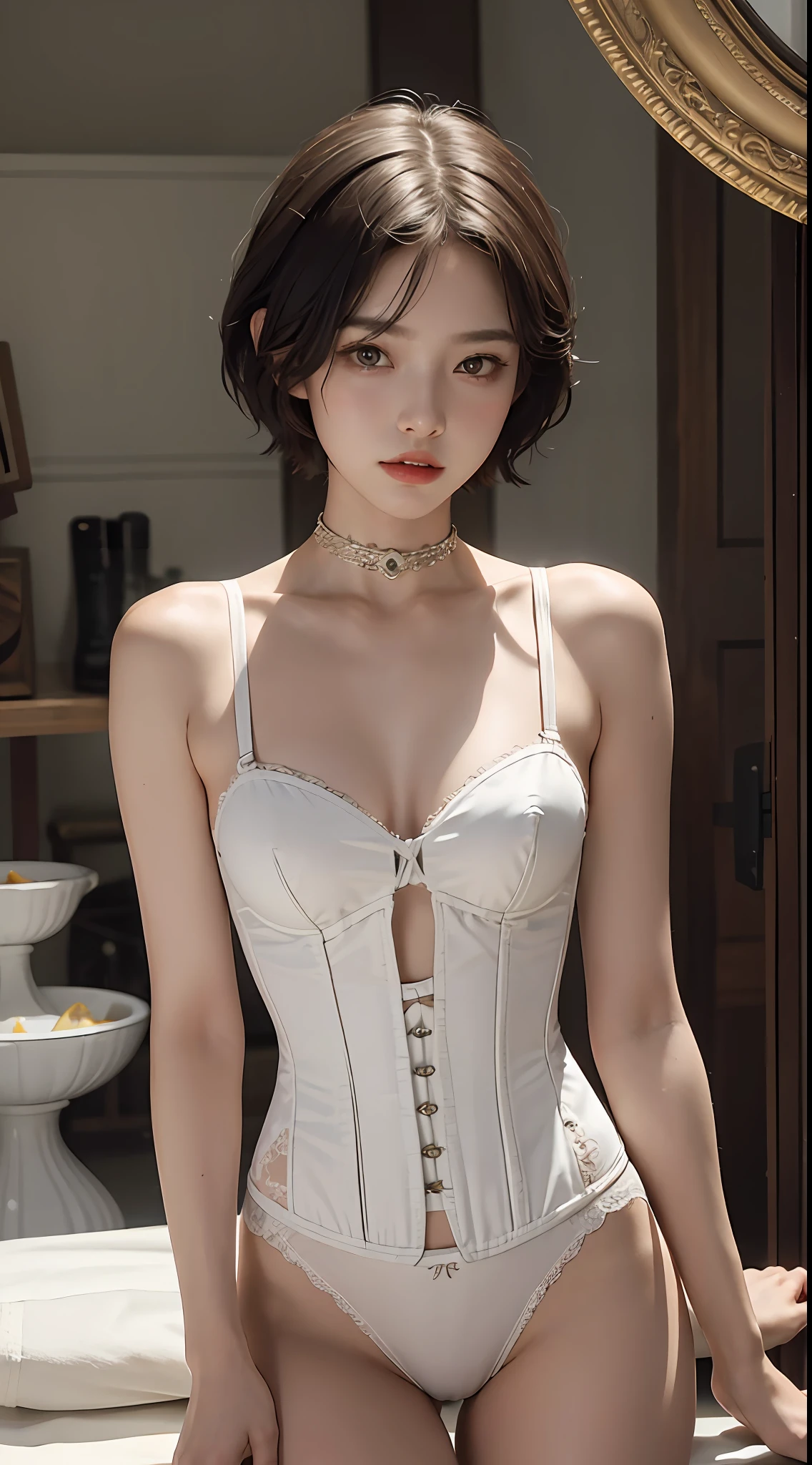 (Best Quality, Masterpiece: 1.1), (Fidelity: 1.4), 1 Girl, Upper Body, Very Short Hair, Studio,BDSM,slave,Clear Corset,Clear Bondage,Woman in Clear Panties