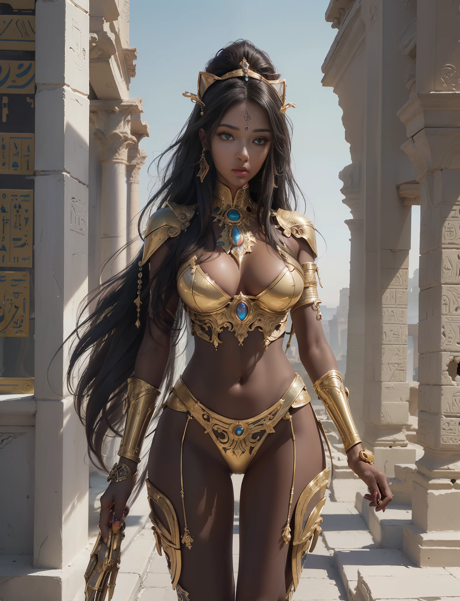 [Detailed illustrations, art based on extremely ideal anatomy, very detailed and detailed drawings, slow and delicate lines, realistic texture expression],((Color tressed main lines)),(Artwork with outstanding craftsmanship),(Ruins background (Ancient Egypt)),[HENTAI ANIME Girl Beauty Cyborg ] (Large, seductive eyes) Lustrous black hair Tanned skin,( Bastet) Cyberne-golden armor with carved decoration ((Decoration of transcendent craftsmanship)) (Elegant,Gorgeous golden luster ((polished reflective luster)),Gorgeous), Orparts Lost Technology (Hierograph),Gravure,(Science Fiction Mechanical Bioengineering),((Fine and beautiful skin expression (transparency))),((Clear gaze)),(( Perfect eye details (beautifully drawn pupils with great detail))),(Beautiful perfect face (realistic face details)),((Beautiful hair details)),(Perfectly proportioned proportions)),(High-level built design,((Advanced structural understanding of materials)),Ideal color coordination),((Artistic decoration))) ((Dense details),((Detail,High definition) ),[(Ultra-precise detail),((Multilayer texture)),HighQuality,High Resolution],((Accurate simulation of light-material interaction, understanding of air flow, mechanically correct expression)),(((Visual art with a sense of narrative)), huge breasts,