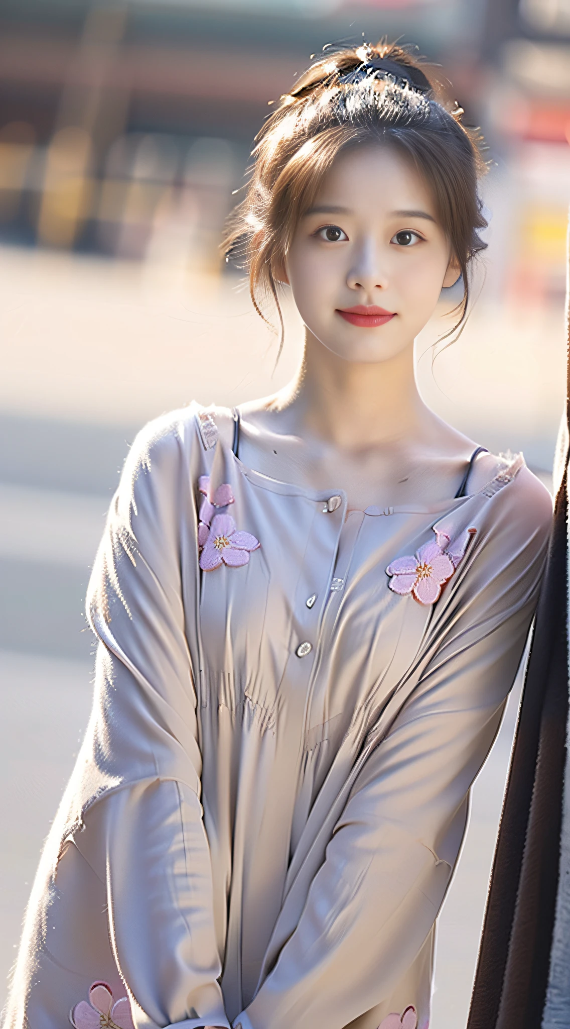 1girl, flower pattern, bright skin, captivating gaze, embellished costumes, natural lighting, shallow depth of field, romantic background, dreamy pastel palette, whimsical details, shot in a movie