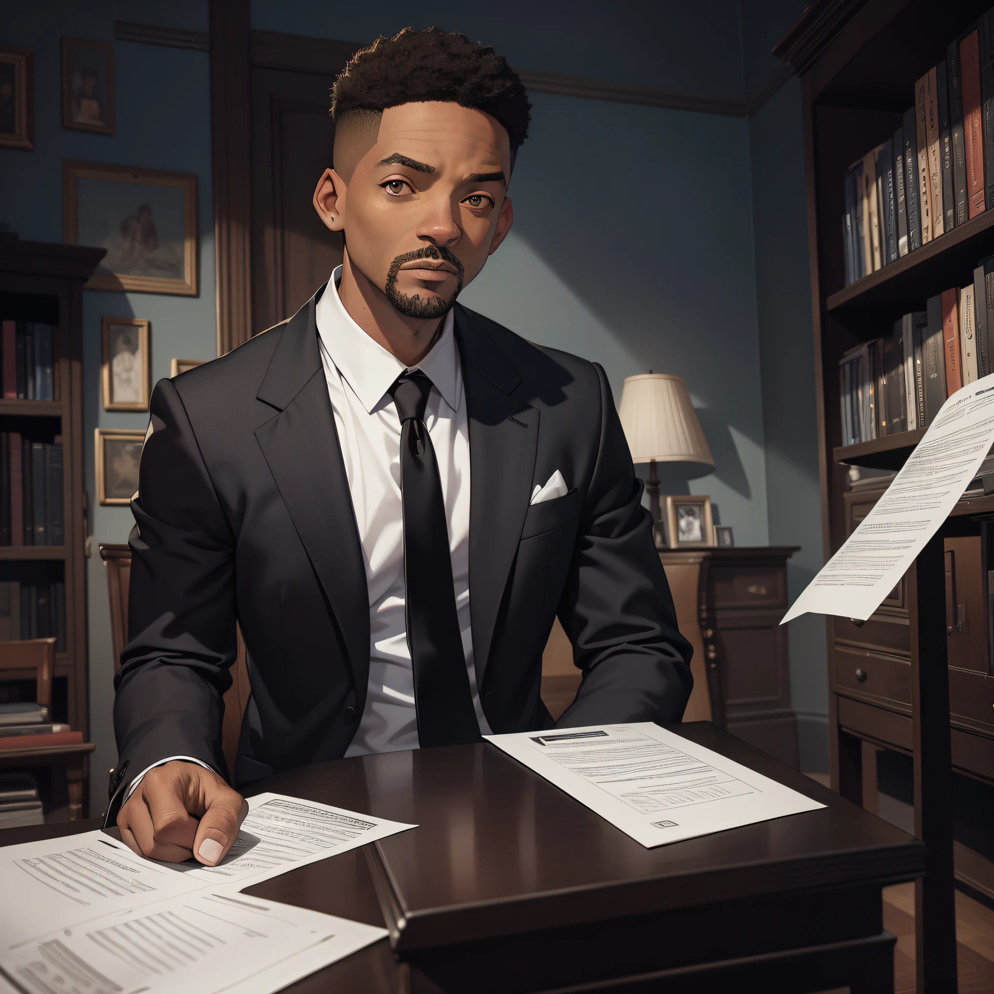 Absurd resolution, high resolution, (masterpiece: 1.4), hyperdetail, middle-aged Will Smith, black suit, eerie room, serious expression (1.3), looking at a note (1.4)