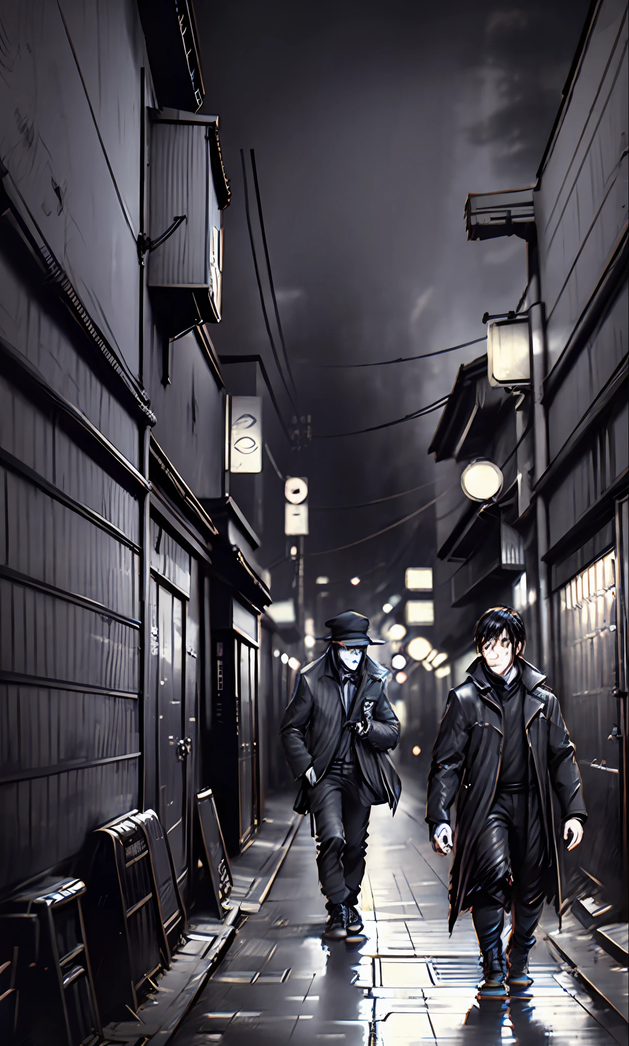 overcoat man walking in an alley with another person leaning against the wall wet street in a city with buildings, Tokyo anime scene, Tokyo Alleyway, cyberpunk streets in Japan, Quiet Tokyo Alley at night, Japanese street, alley, cyberpunk alley, wandering in the city, on a Tokyo street, in the streets of Tokyo, alley, Makoto Shinkai. octane render, in an alley