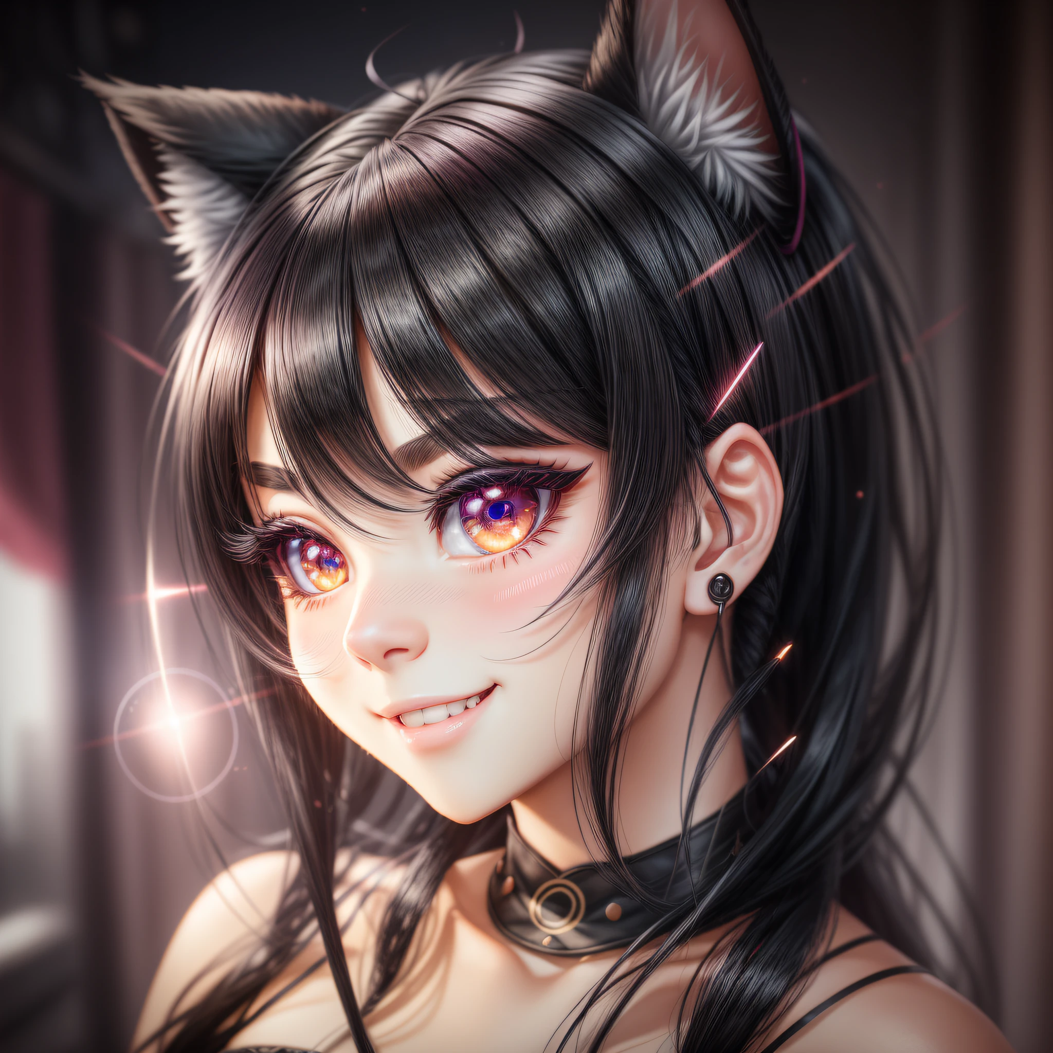 black hair, hair bobbles, wince, longeyelashes, solid circle eyes, fake animal ears, light smile, ear blush, fang, Surrealism, drop shadow, anaglyph, stereogram, tachi-e, pov, atmospheric perspective, 8k, super detail, ccurate, best quality --auto --s2