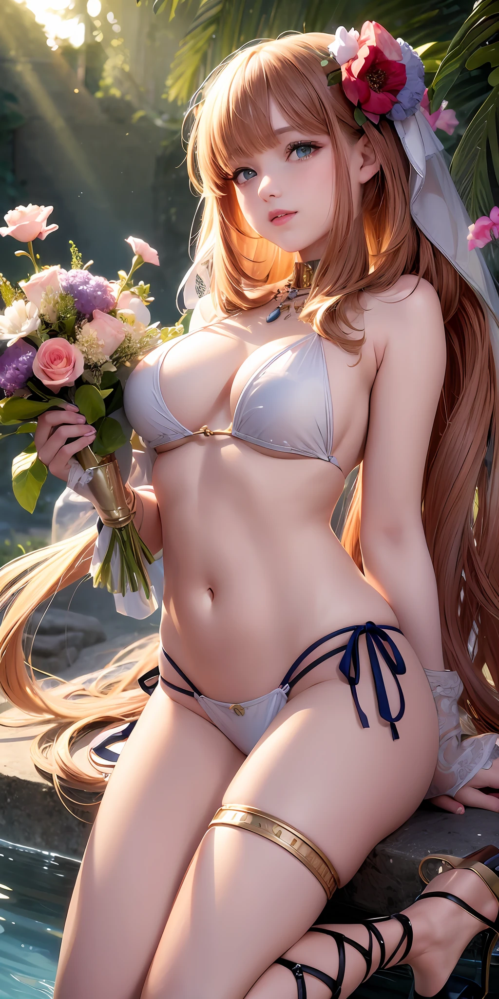 Realistic, 1girl, bikini, parted lips, blush, night, flowers, sun, sunlight, (high detail skin: 1.2), (masterpiece: 1.4), long_hair, high_heels, full_body,