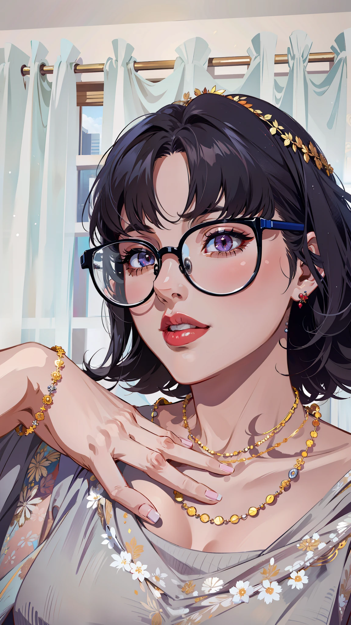 (masterpiece),(best quality:1.0), (ultra highres:1.0), detailed illustration, 8k, anime, 1girl, beautiful anime girl, wearing a gray dress, earrings , jewellery, intricate details, black eyes, detailed eyes, glasses, black hair, detailed hair detailed, highlights on hair, slight smile, red lipstick, ree lips, anime style, best quality, detailed