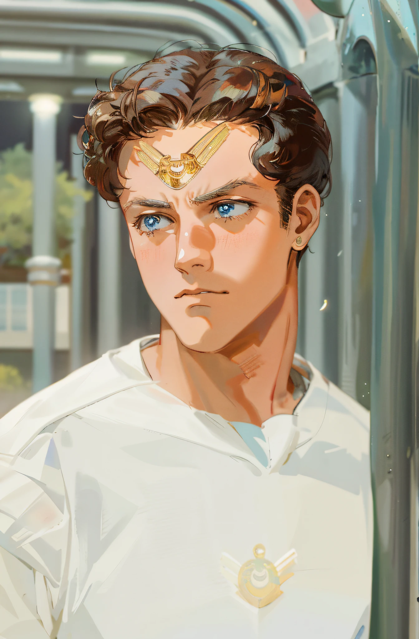 HD, (Best Detail), (Best Quality), There is a man standing by the fence holding a cell phone, Super Mariner Moon, (Sailor Moon), forehead decoration,