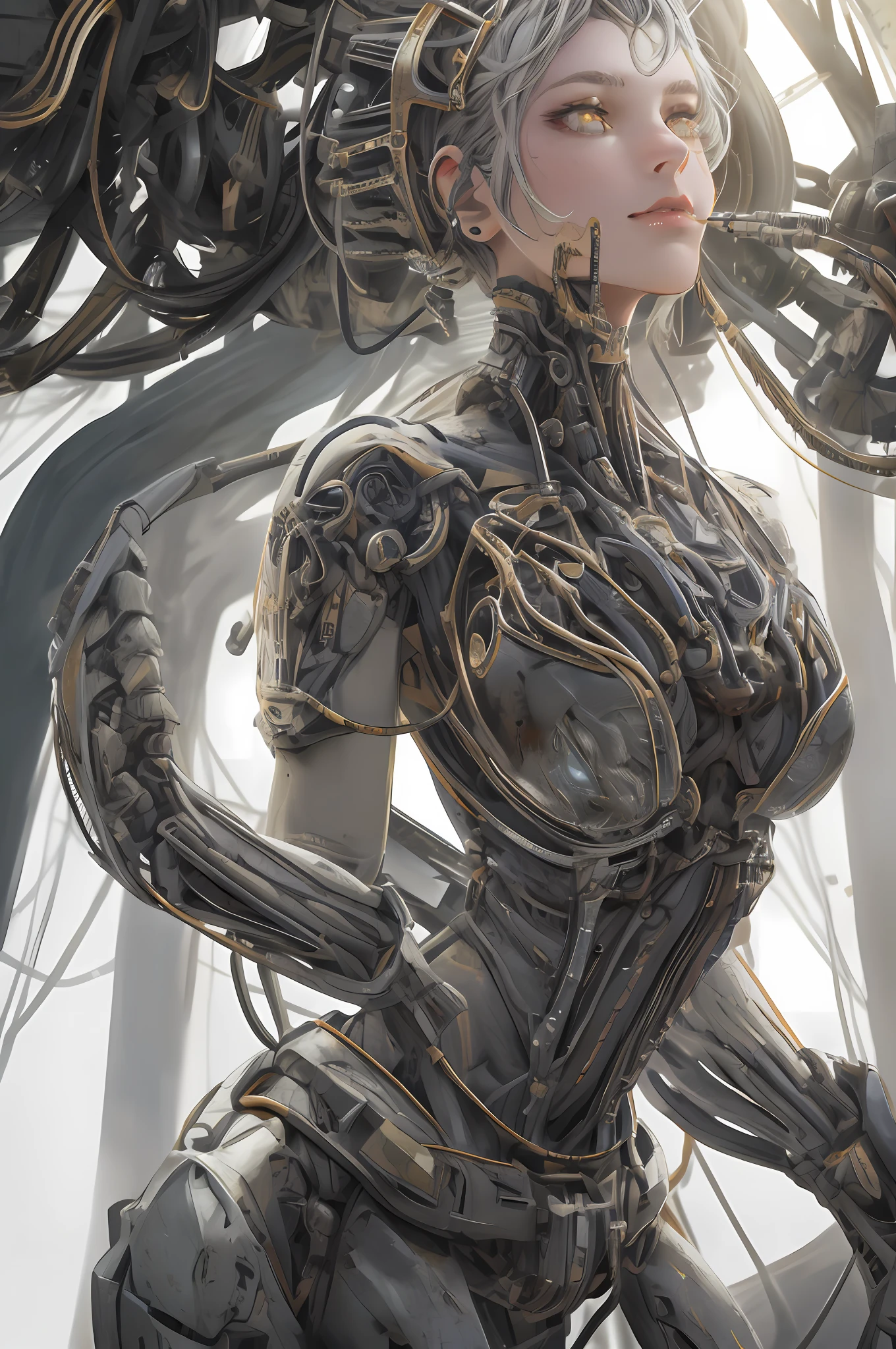 1mechanical girl,((ultra realistic details)), portrait, global illumination, shadows, octane render, 8k, ultra sharp,metal,intricate, ornaments detailed, cold colors, egypician detail, highly intricate details, realistic light, trending on cgsociety, glowing eyes, facing camera, neon details, machanical limbs,blood vessels connected to tubes,mechanical vertebra attaching to back,mechanical cervial attaching to neck,sitting,wires and cables connecting to head