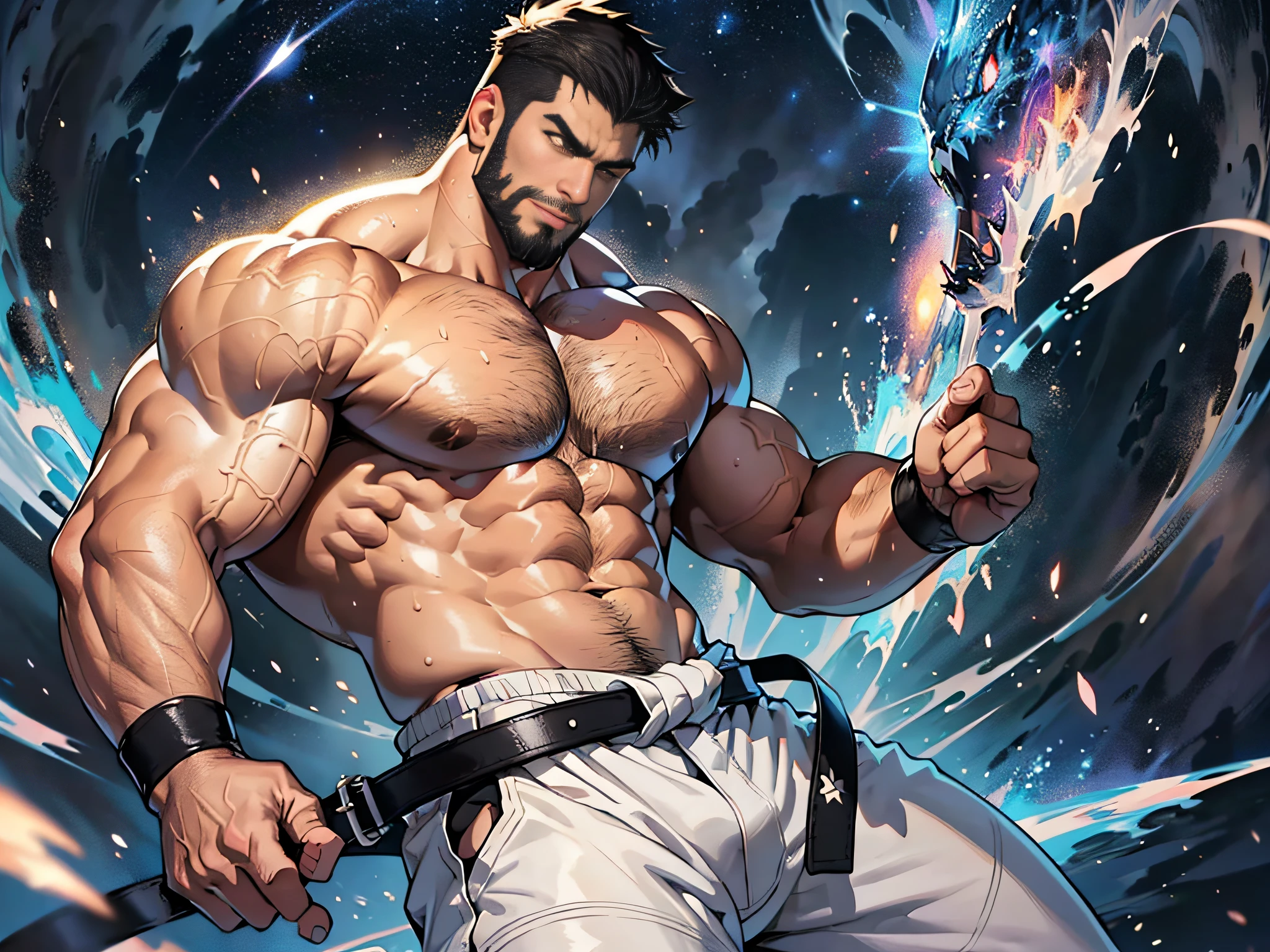 best quality, masterpiece, super high resolution, detailed background, realism, Illustrations, single, 1 boy, muscle, volumetric lighting, depth of field, facial hair, ryu, white clothes, black belt, light particles, bulge, starry sky, fighting stance, sweating, short hair, torn clothes, burly, big man