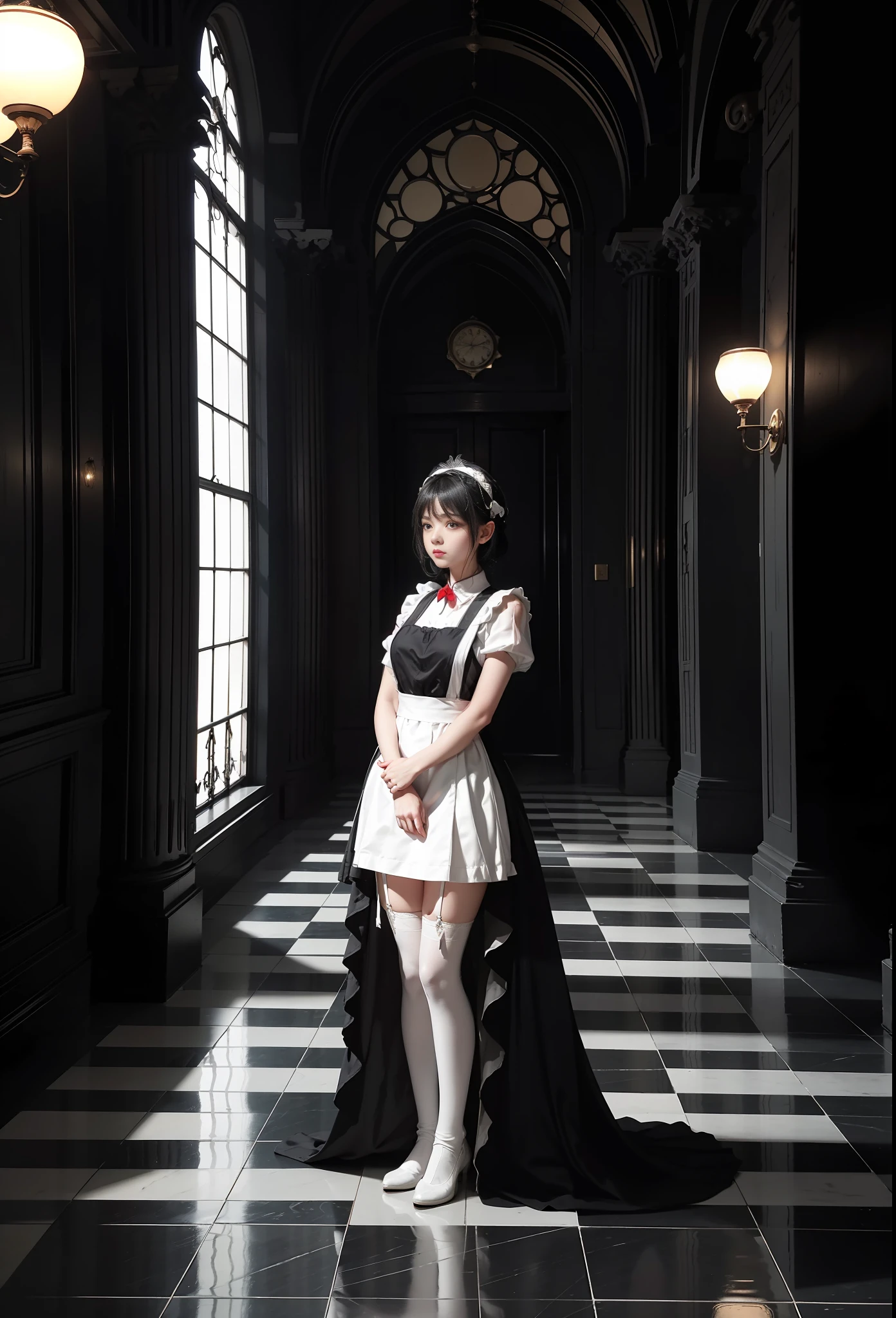 Roman hall, black and white tiles, reflective floor, 1 15-year-old girl, black and white maid outfit, white headdress, cute dress, suspender stockings, character focus, Tyndall effect, cinematic lighting, looking into the camera, standing, red eyes,