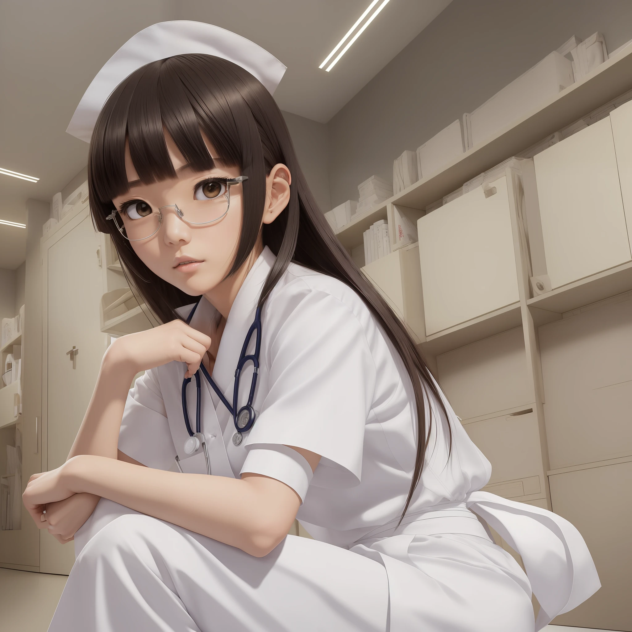 (((((Masterpiece))))), ((((((Highly detailed)))]], [Realistic Art]]], Beautiful Girl, Slender, Small, ((((Bangs))))), (( (1 girl)), Solo, (Look into the distance)), [Expressionless], Medium hair, Short ponytail, (Nurse)))), Short sleeves, (Nurse Cap)))), White Pants, ((White) Pantyhose))), (White Nurse Sandals), Stethoscope, ((Dovecopod)), (Squatting)), Name Tag, Foot Focus, From Bottom, Full Body, Hug Clipboard, Medical Cabinet, Clinic, [(White) Background: 1.5), ::5]
Japan people, glasses, 1 , 1 person (Akiko Takase, Kazue Kato, , Aya Takano, Etsuko Miura, Genzi, Tsugumi Oba, Chiho, Rinko Kawaichi, Takeyuki Kanda),
Height 158 cm, weight 53 kg, bust 83 cm (D cup), waist 61 cm, hips 86 cm,
His personality is naïve,
Smooth black hair that extends to the shoulders, bangs,