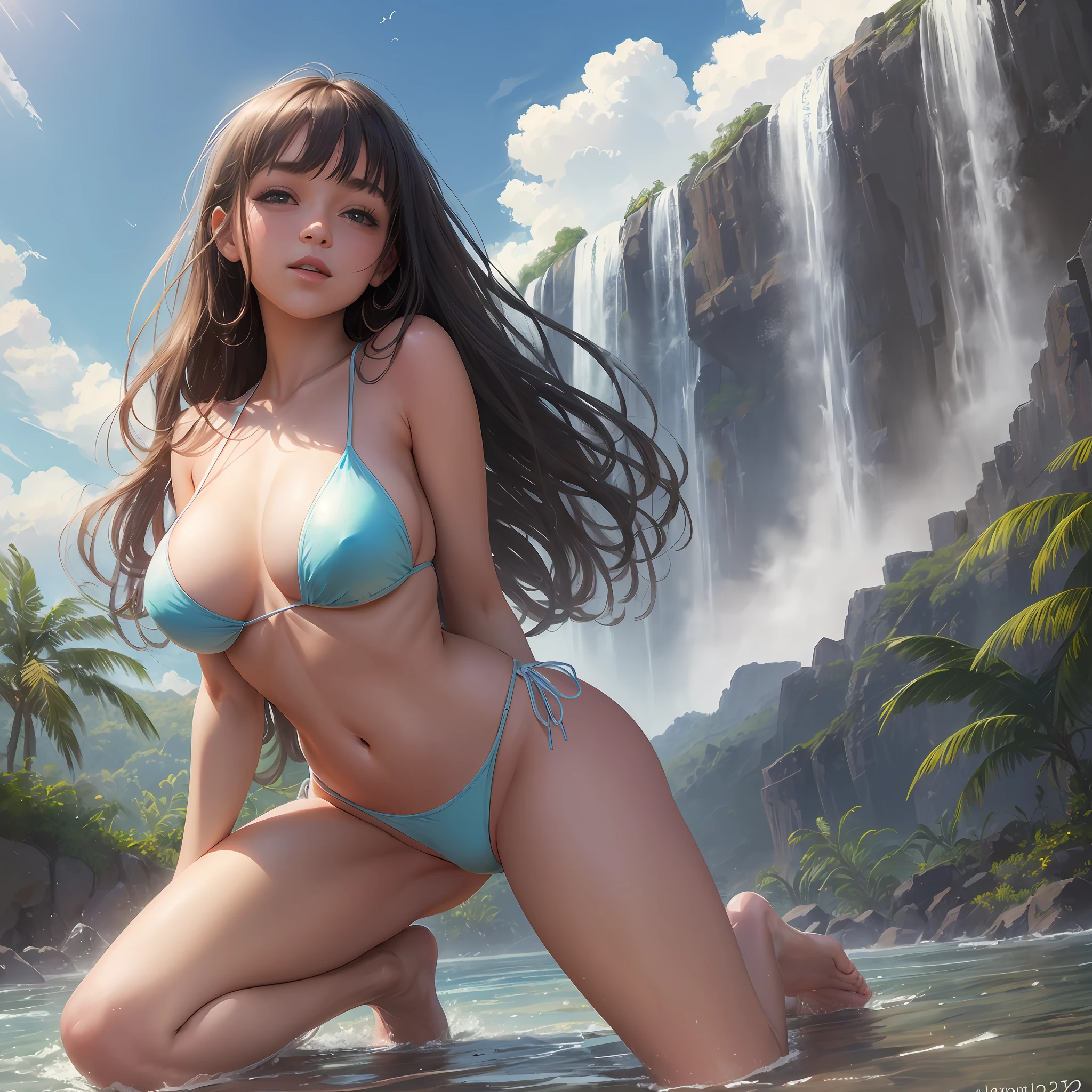 (Real), One girl, Full body, Kneeling, Thrust hips, Frame head, Cute girl, (22yo:1.3), Back figure, Open hips, White high-leg bikini, (Big)), (Masterpiece), (8K), Romantic, Light smile, Summer, Waterfall, (Vacation), Feminine look --auto --s2