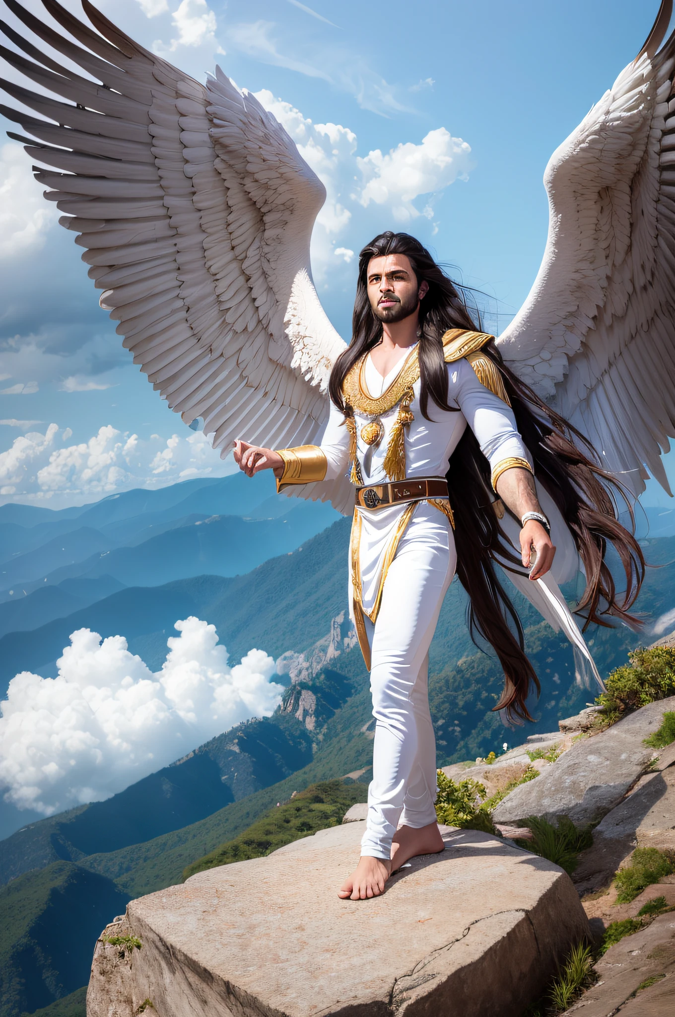 "Joseph, a 25-year-old with long handsome hair, dazzling with his big white wings. This photograph represents a spectacular image, where you see him standing on a rock, enjoying beautiful views. The image quality is hyper-realistic, with precise detail and 8k resolution."