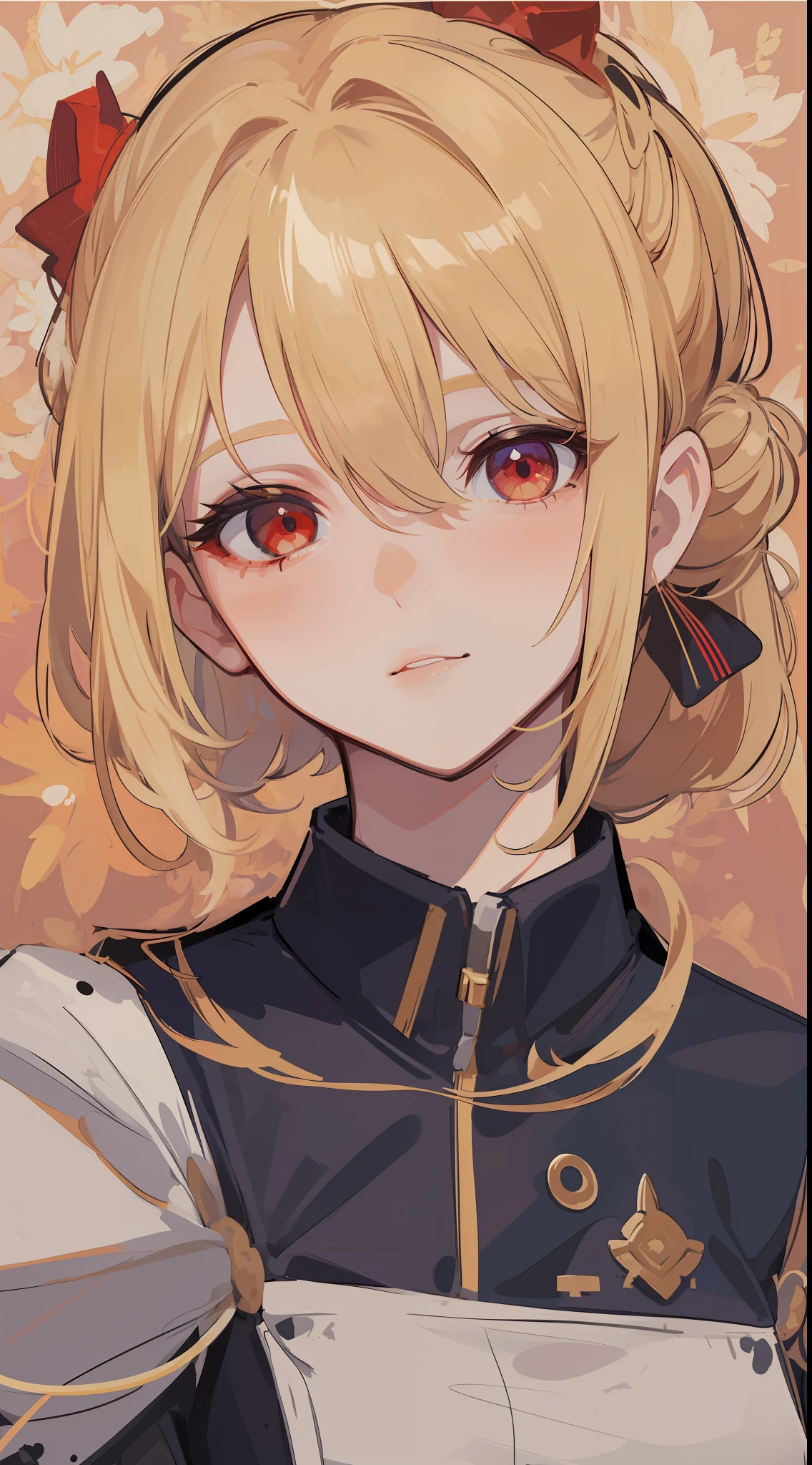 1 girl, wearing a queen's uniform, blonde hair style split flowers, her hair is tied up beautifully with a cute clip, red eyes ((37 year old face)) ((no multiple people)) ((milf))