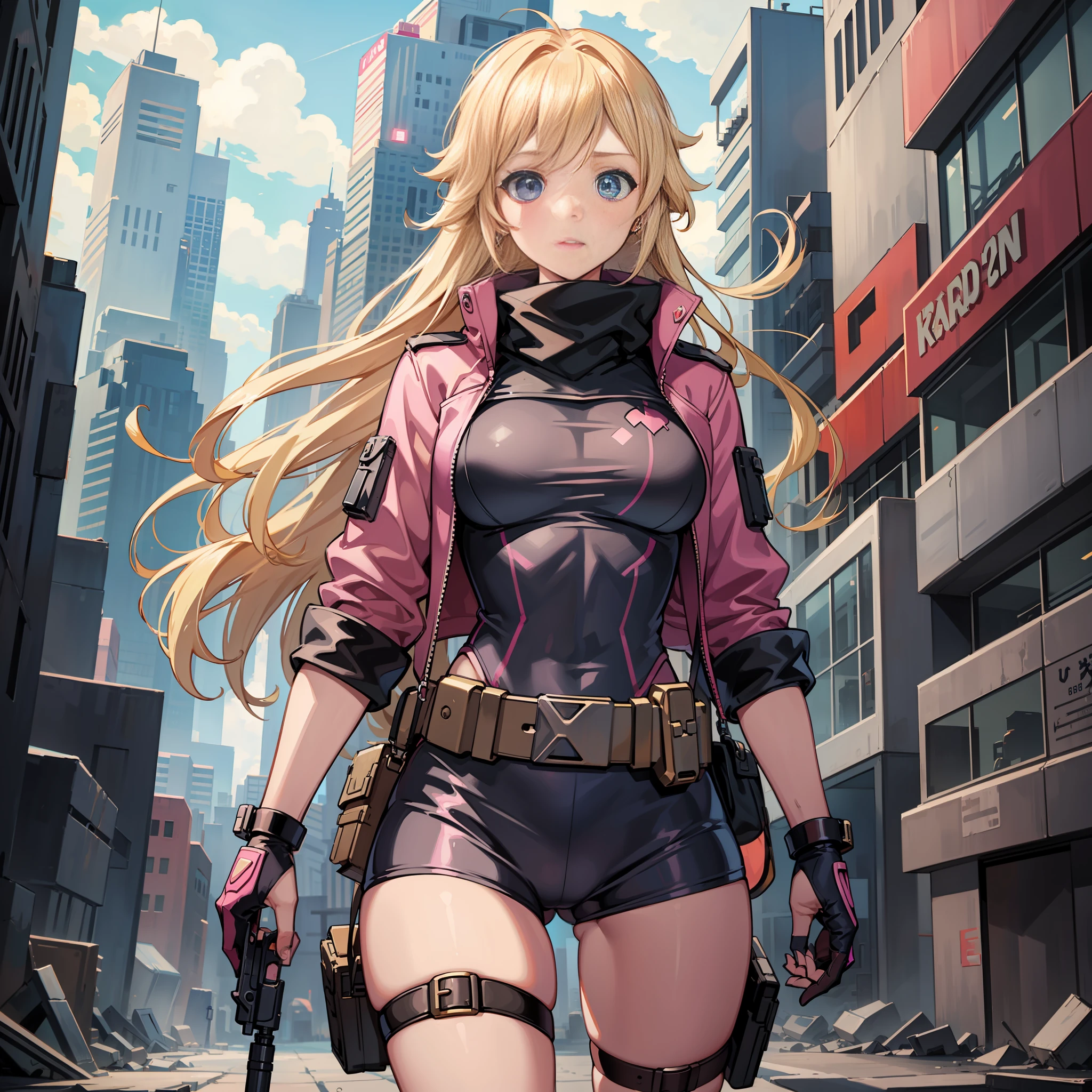A woman, pink army outfit, athletic body, holding a gun, short clothes, blonde hair, blue eyes, long hair, in an apocalyptic city, deserted, destroyed city, princess peach