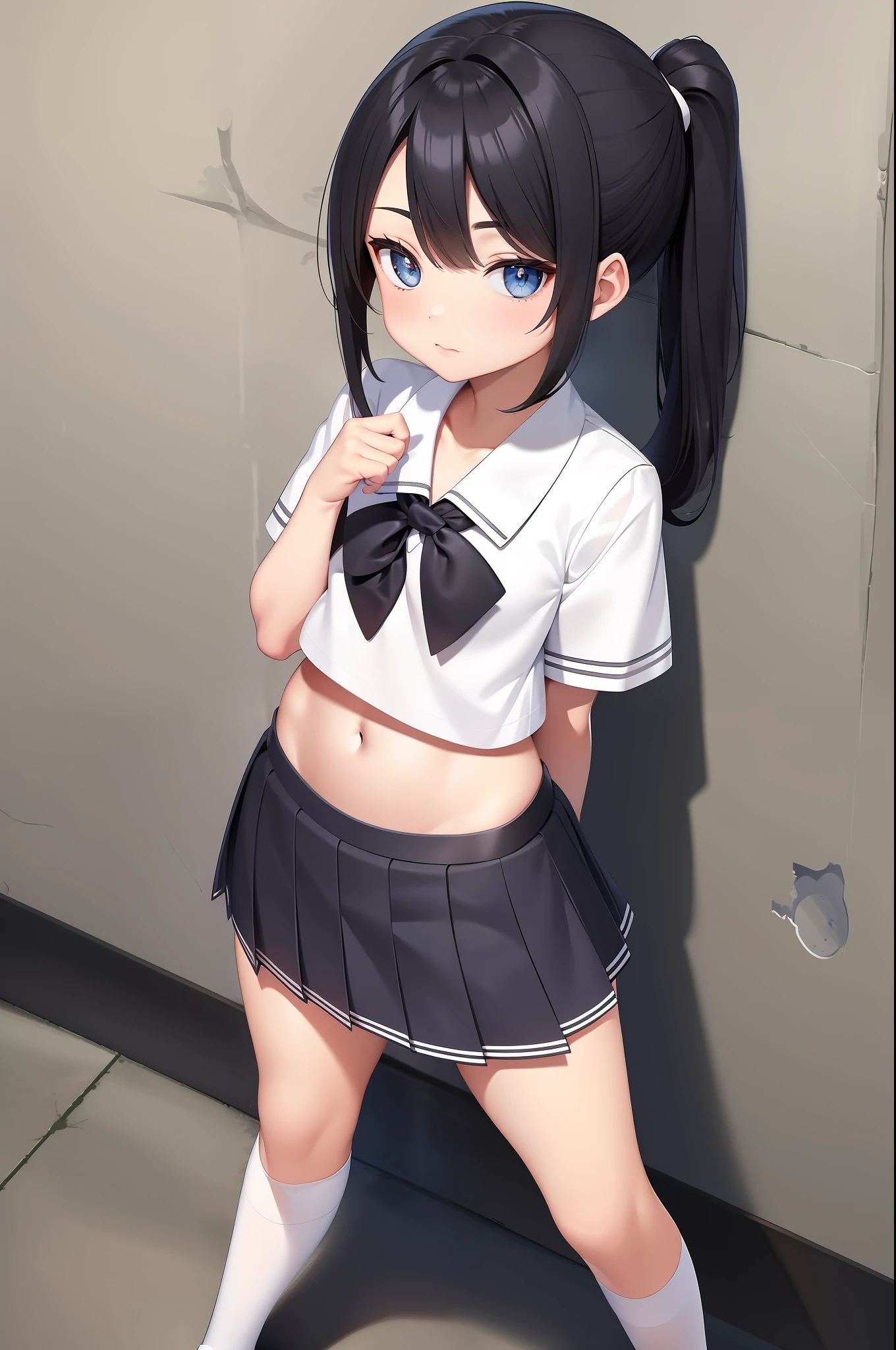 Best quality, masterpiece, school uniform, white shirt, socks, open navel, cute, leaning against the wall, double ponytail, black hair, blue eyes,