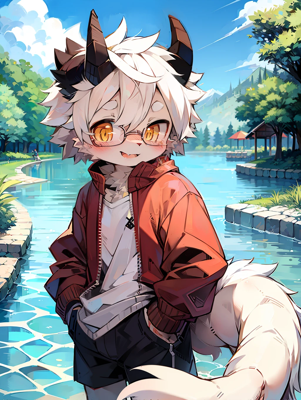 (by dagasi: 1.1), BREAK, Masterpiece, High Resolution, 8K, Detailed Background, High Quality, BREAK, ((pale yellow fur, white hair, black sclera, yellow eyes, fluffy, detailed fur, horns, glasses)) Fur, break, male, humanoid, shorts, swimming trunks, ddler, solo