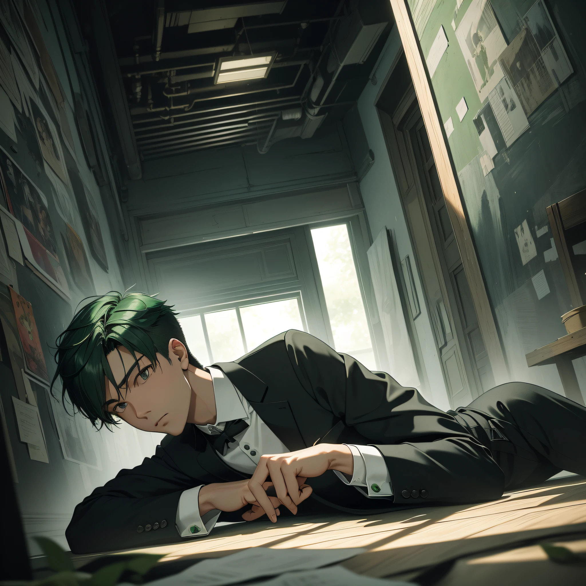 Absurd resolution, high resolution, (masterpiece: 1.4), hyperdetail, Asian, young man with short green hair, black suit, eerie room, nervous expression and trembling (1.3), lying on the ground (1.4)