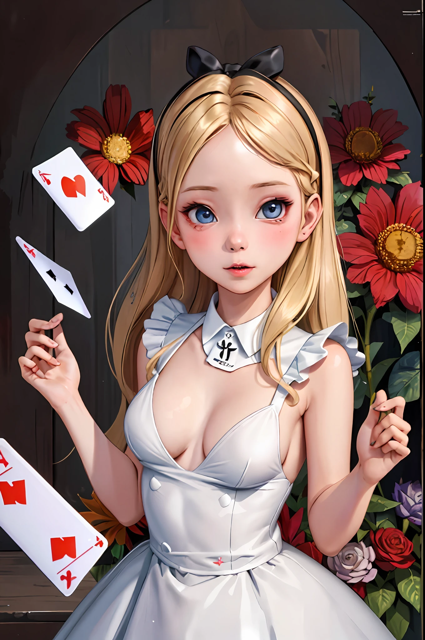 masterpiece,best quality,highres, ultra-detailed, solo, 1girl,  AliceWonderlandWaifu, dress, large breast, in worderland,
have a playing cards, flying playing cards, ahegao, head back